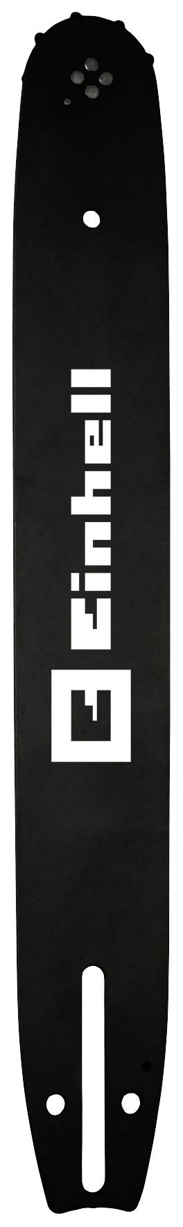 Barre de guidage de tronçonneuse noire avec logo blanc 'Einhell' et un emblème rectangulaire en dessous, adaptée aux tronçonneuses.