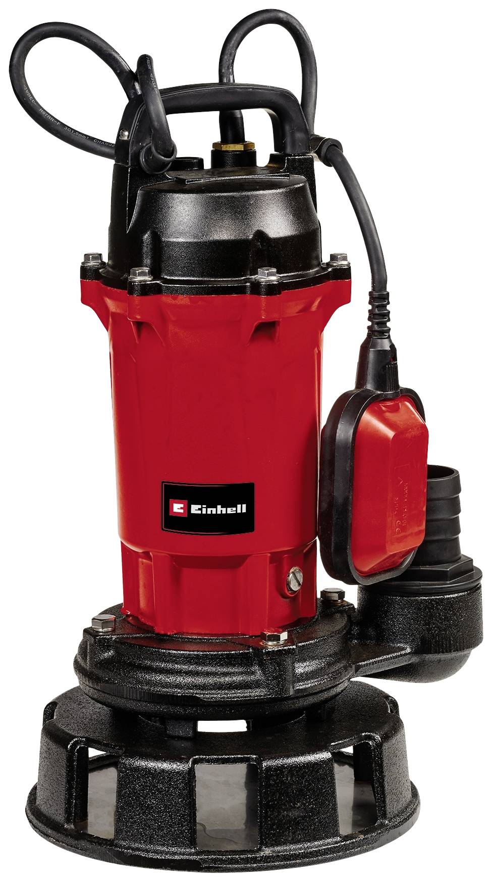Une pompe de puisage rouge avec un socle et une poignée noirs, adaptée pour le drainage de chantiers ou de caves.