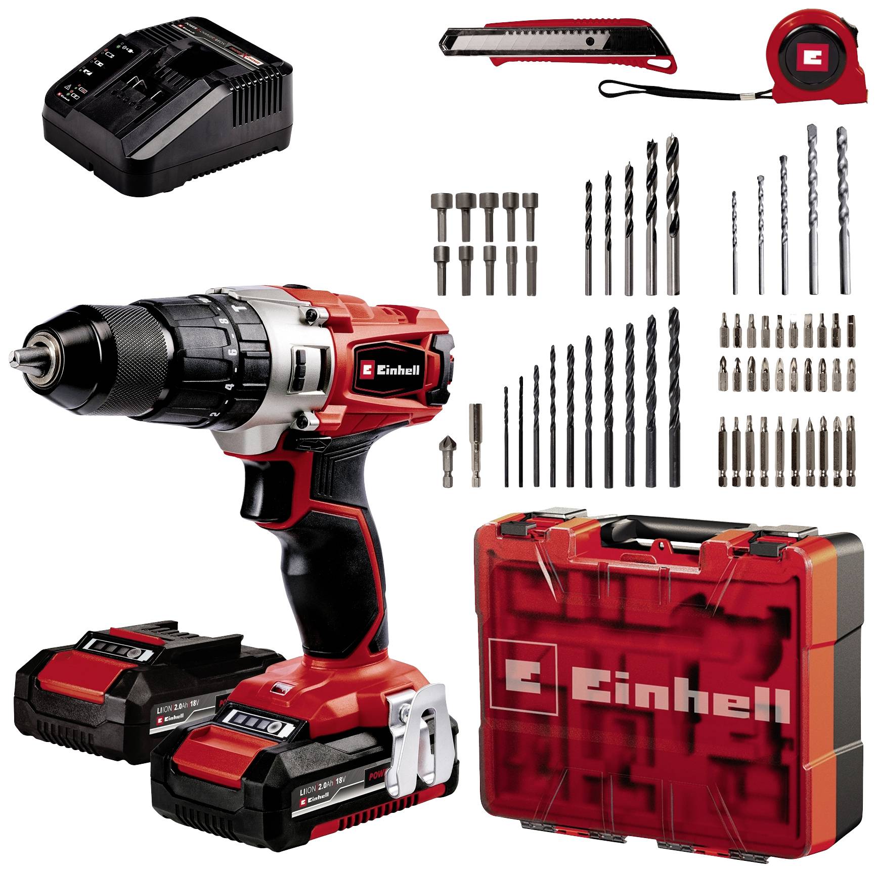 Un tournevis-perceuse rouge avec deux batteries, chargeur, ensemble d'accessoires comprenant des embouts de perçage, un cutter, un mètre ruban et une mallette de transport.