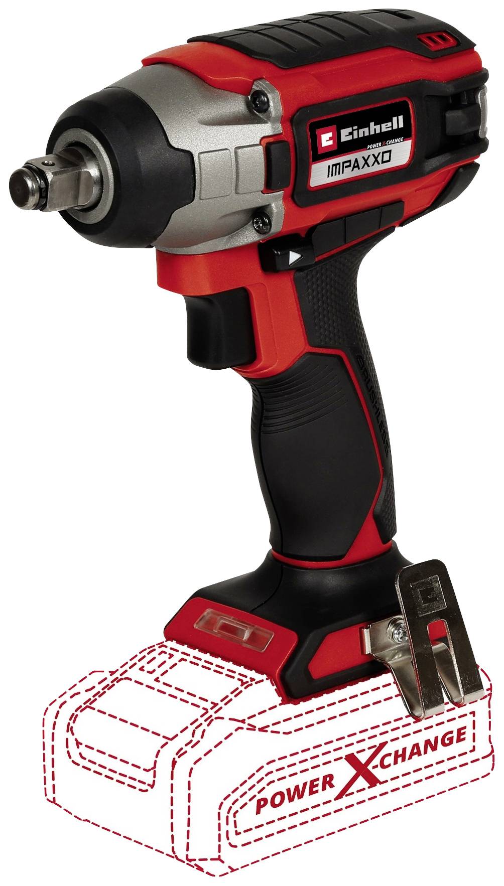 Visseuse à choc Einhell, modèle IMPAXXO, avec poignée ergonomique et emplacement illustré pour batterie amovible.