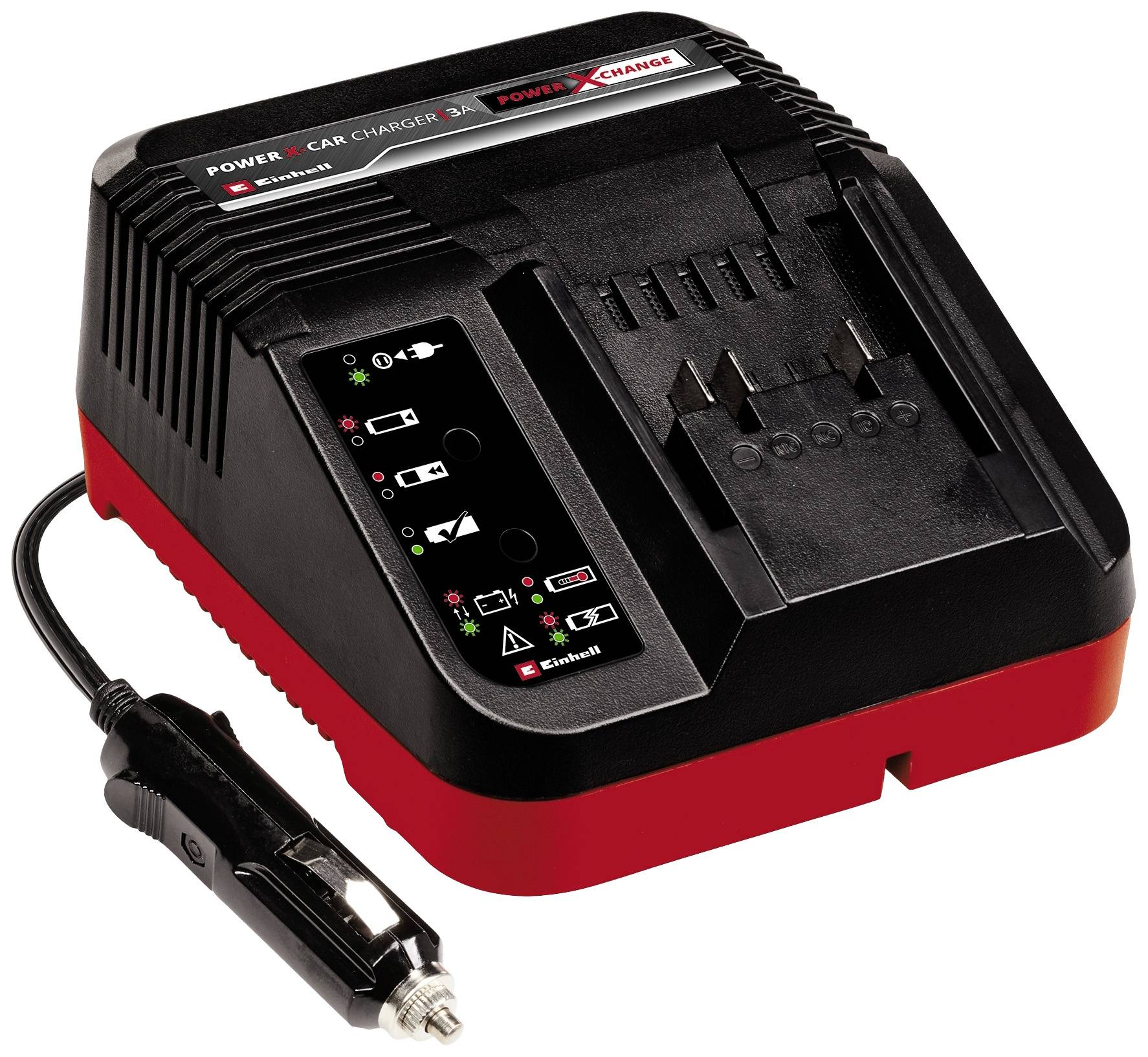 Chargeur de voiture noir et rouge avec indicateur de charge et connecteur. Adapté pour charger des batteries et une utilisation mobile dans la voiture.