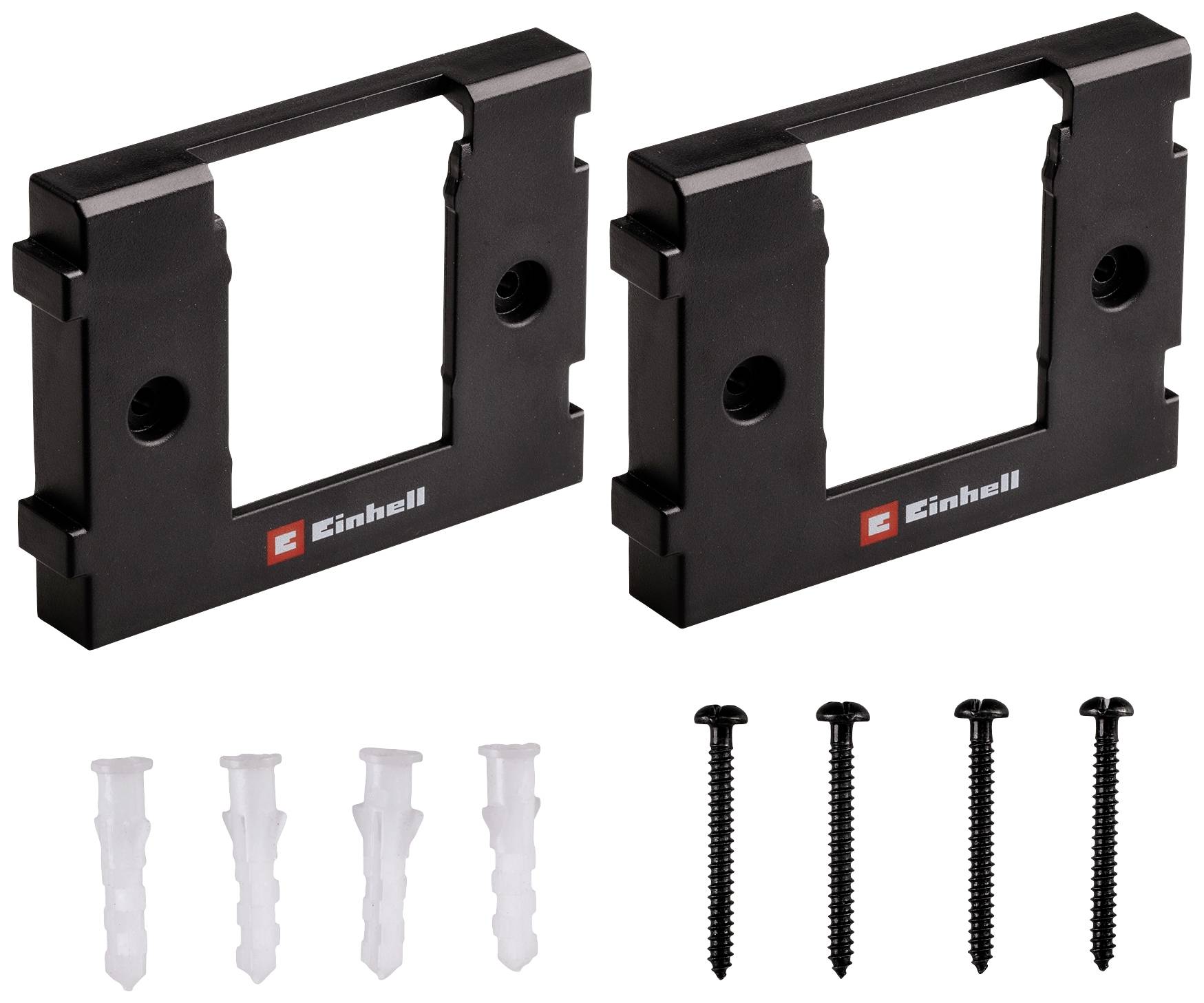 Deux supports de montage noirs Einhell avec vis et chevilles pour la fixation. Adaptés aux installations murales.