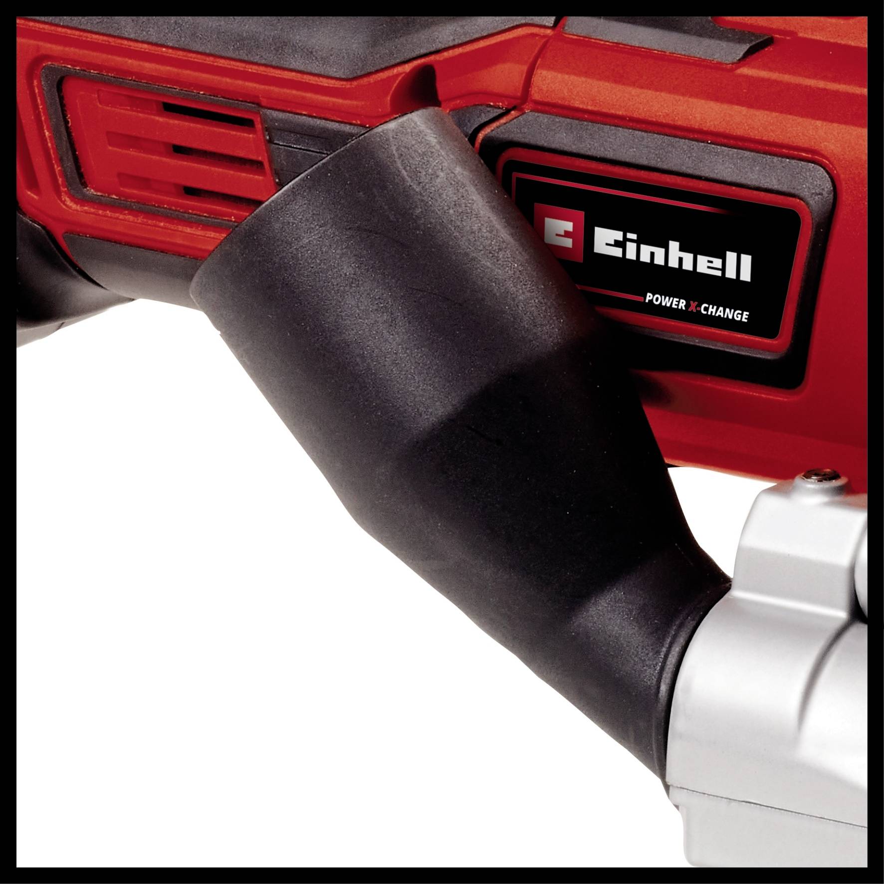 Gros plan d'un outil électrique rouge portant l'inscription 'Einhell Power X-Change', montrant une sortie de ventilation noire.