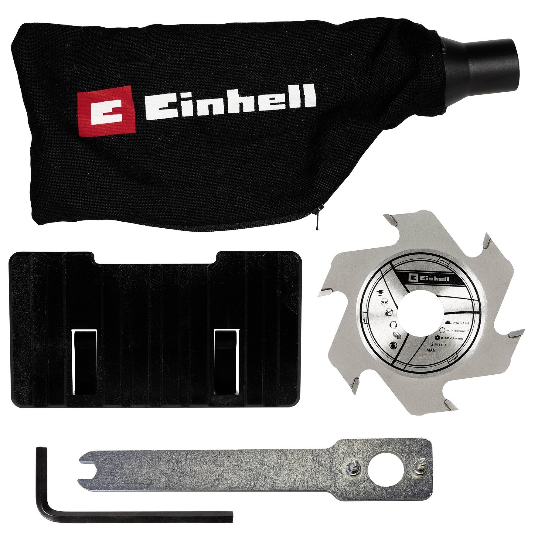 Ensemble d'accessoires pour aspirateur à feuilles Einhell avec sac de collecte, rouleau à feuilles, support d'outils et clé de montage.
