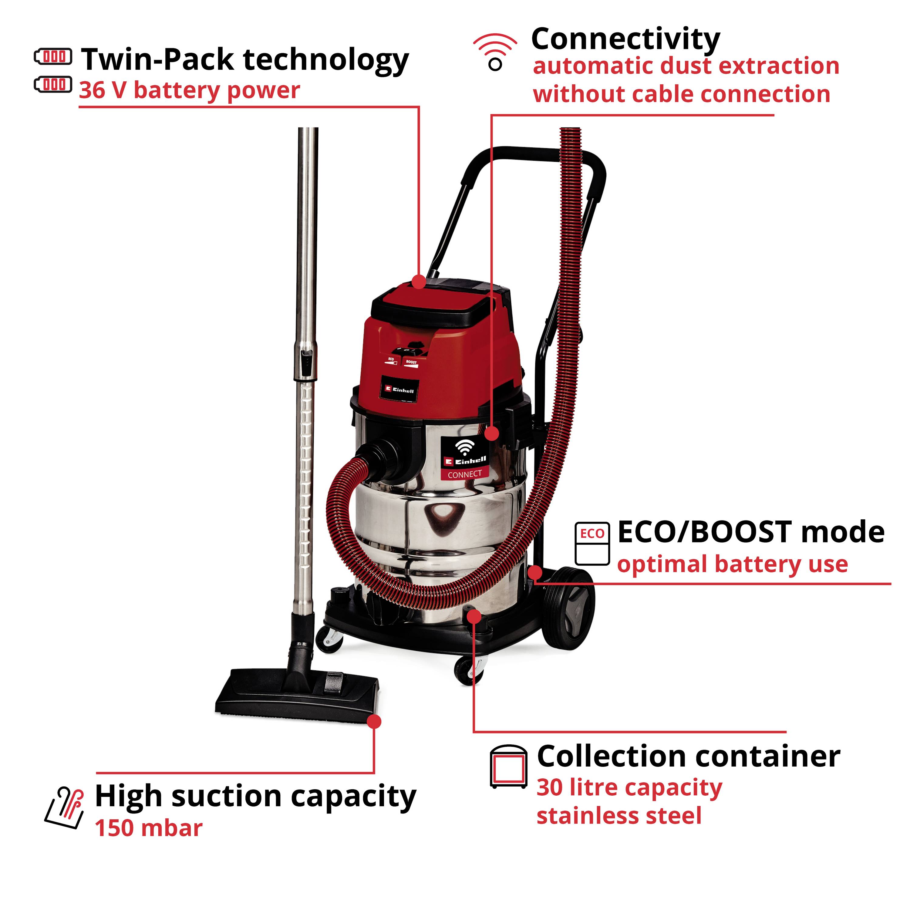 Aspirateur sans fil rouge et noir avec technologie Twin-Pack, forte puissance d'aspiration, mode ECO/Boost, réservoir en acier inoxydable résistant à la rouille.