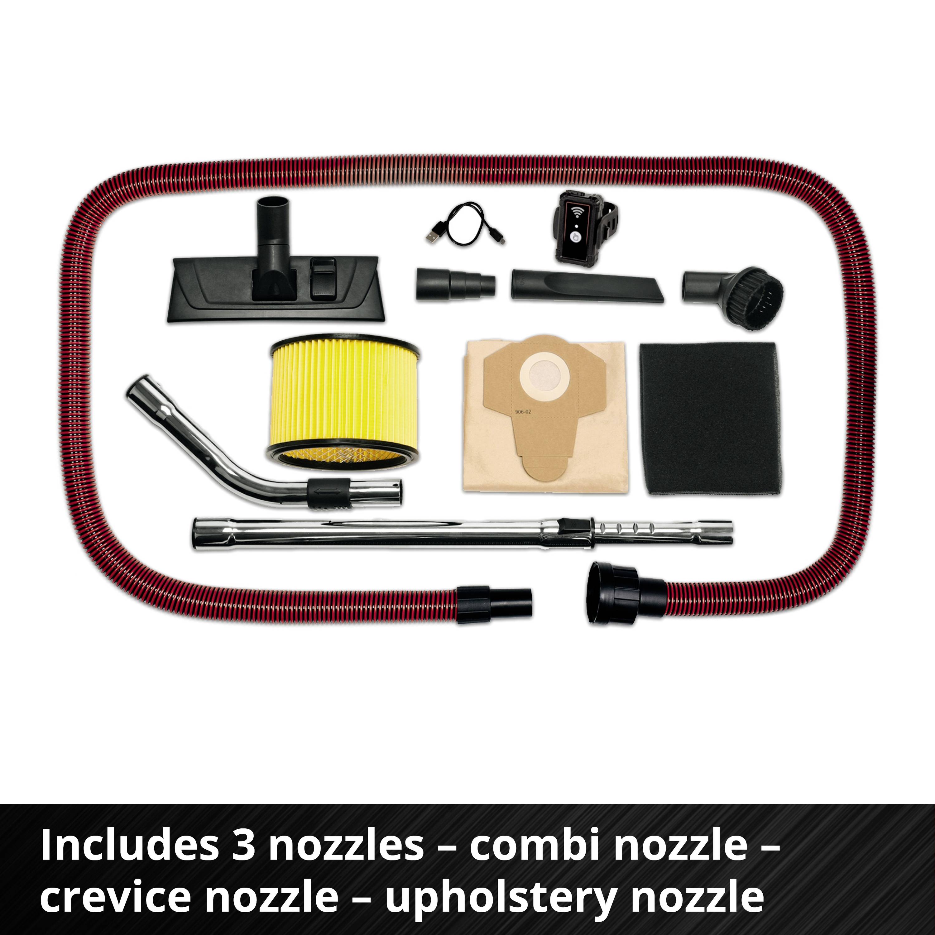 Un ensemble d'accessoires d'aspirateur comprenant un tuyau, un filtre, trois buses et d'autres pièces. Texte : 'Inclus 3 buses – Buse combinée – Buse pour joints – Buse pour meubles rembourrés'.