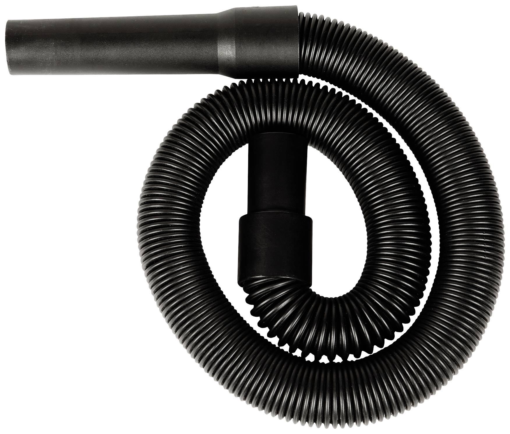Un tuyau d'aspirateur noir et flexible est enroulé en un cercle compact.