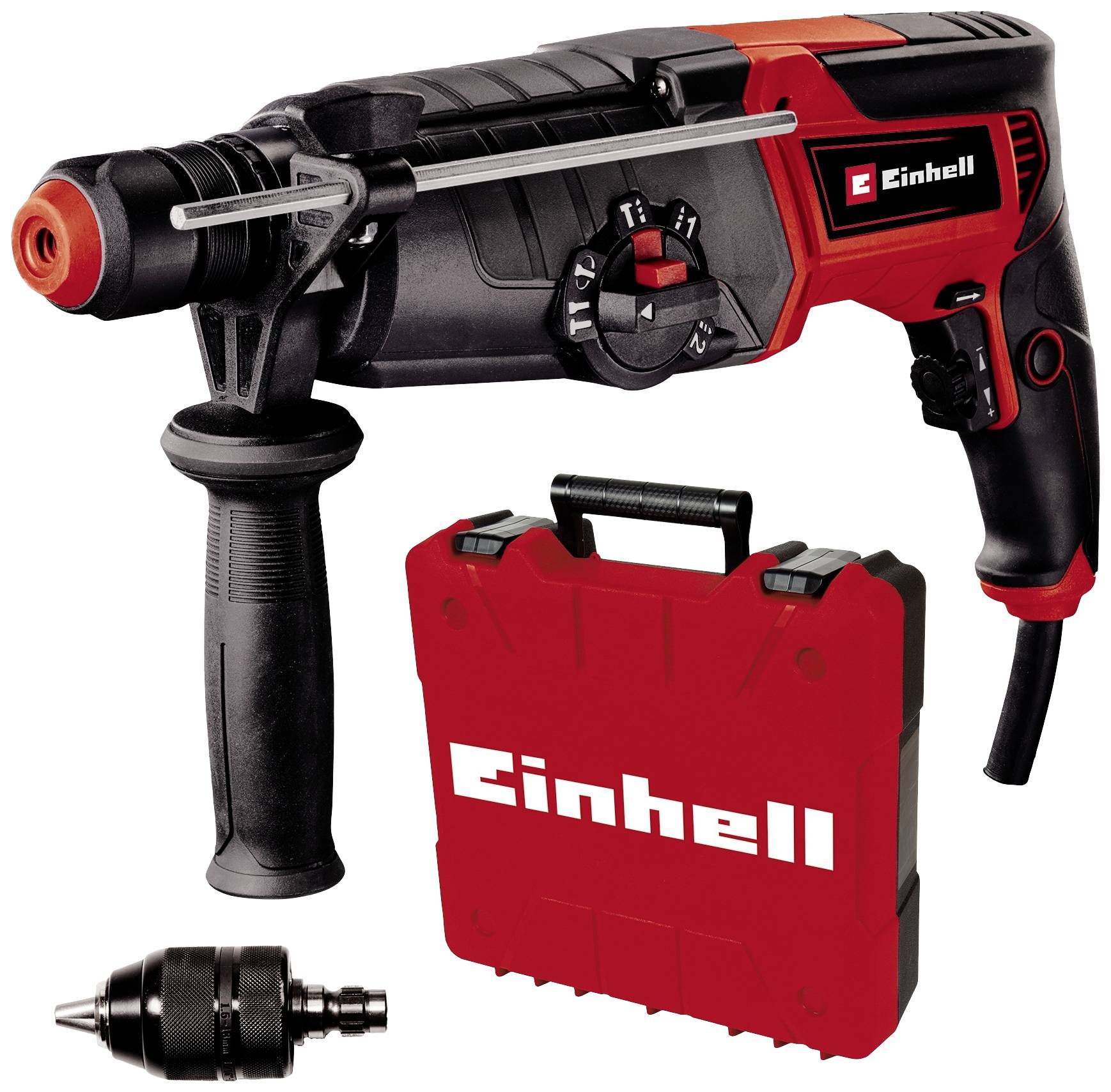 Marteau perforateur noir et rouge avec poignée supplémentaire et éléments de commande, à côté d'un coffret rouge et d'un mandrin séparé.