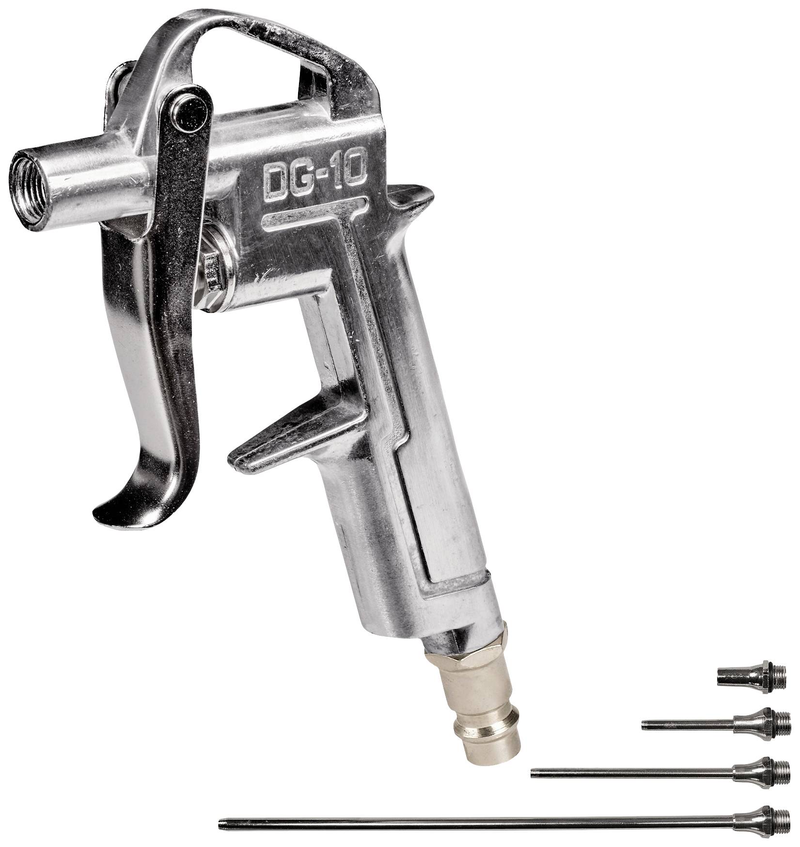 Pistolet pneumatique métallique portant l'inscription 'DG-10' et équipé de quatre buses interchangeables. Idéal pour des travaux de nettoyage précis.