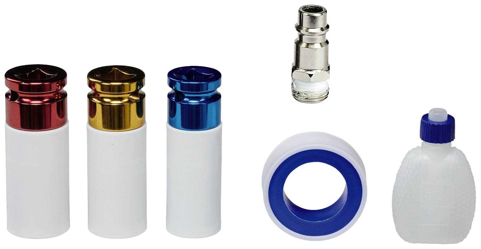 Trois clés de filtre avec des parties supérieures rouges, dorées et bleues, un embout métallique, un ruban de joints blanc et un flacon compte-gouttes.