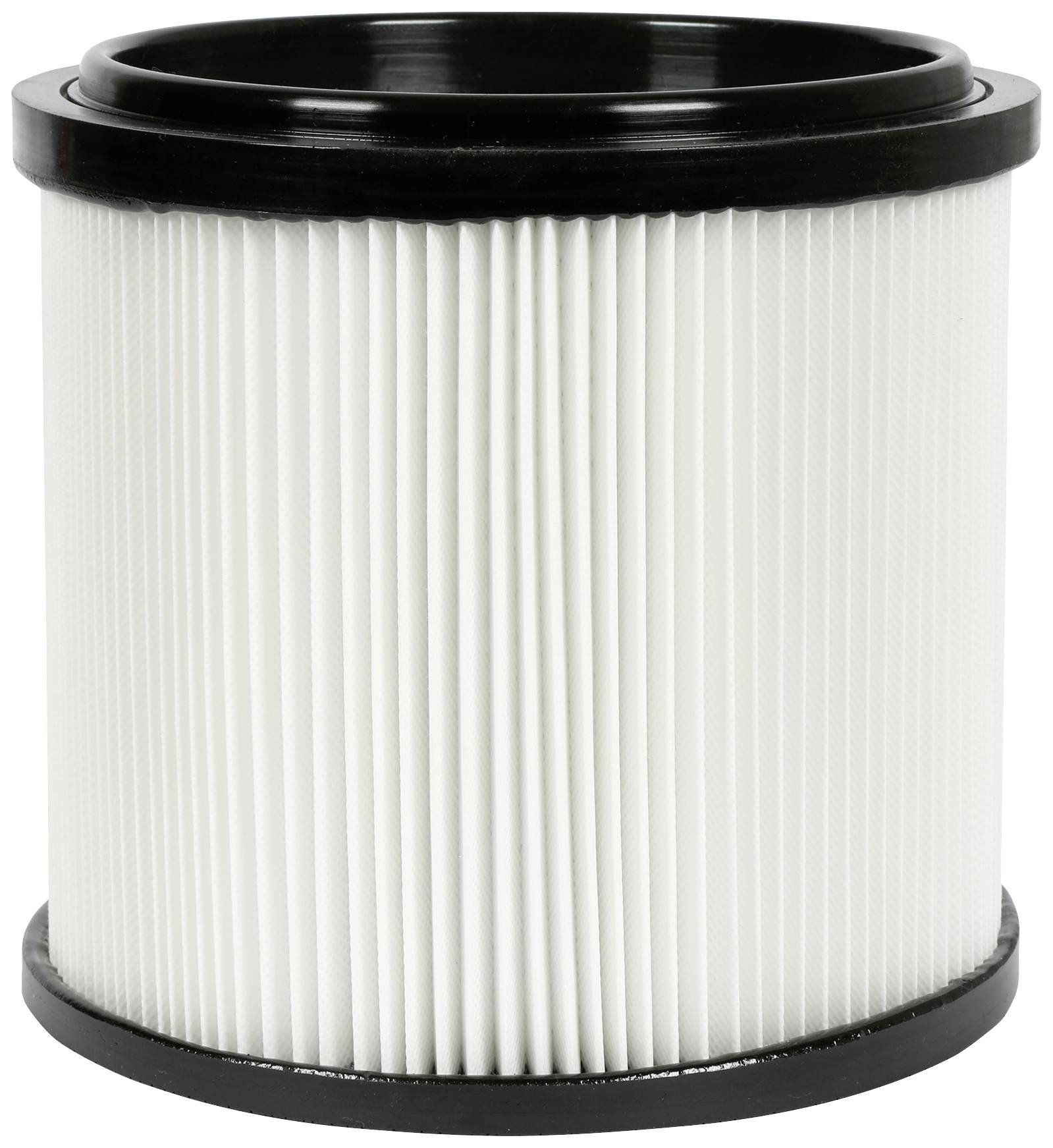 Un filtre à air cylindrique à plis blancs et bordures noires, adapté aux aspirateurs ou aux purificateurs d'air.
