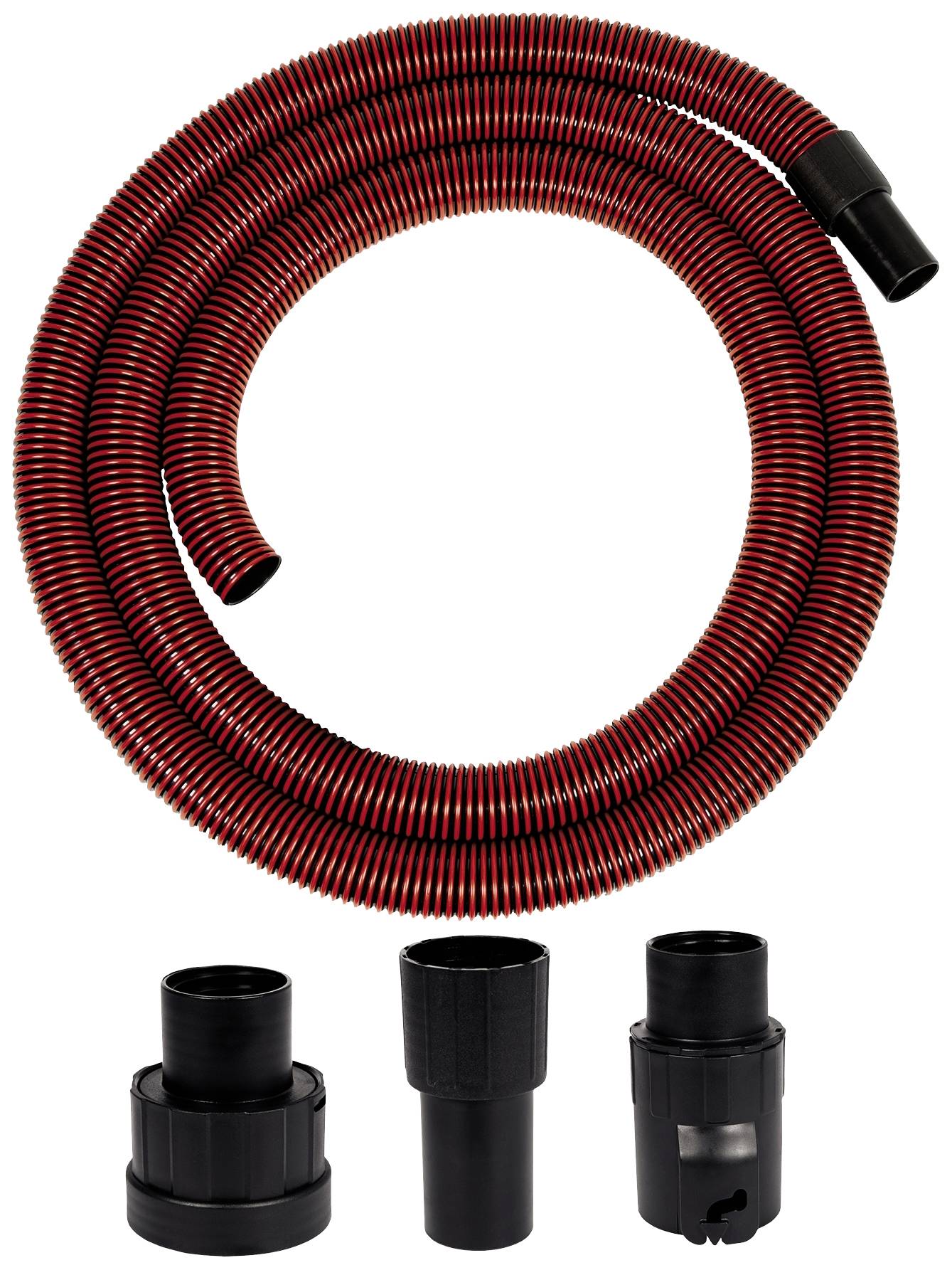 Ensemble de tuyau d'aspirateur, composé d'un tuyau flexible rouge et de trois embouts adaptateurs noirs de différentes tailles.