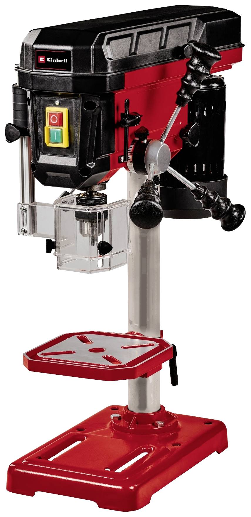 Machine à percer de table avec un boîtier rouge et noir. Elle dispose de commandes à l'avant et d'une colonne argentée avec une base rouge.