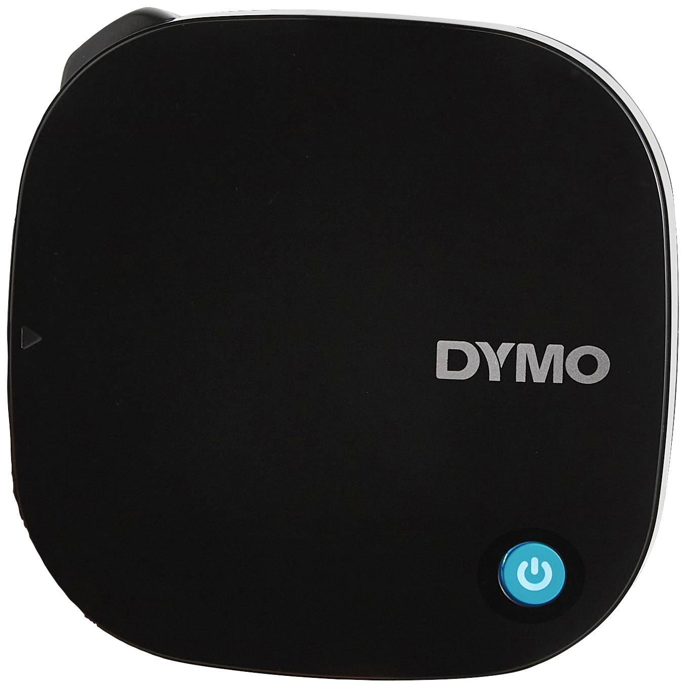 Un appareil d'étiquetage Dymo noir, carré, avec des coins arrondis et un bouton marche bleu sur le devant.
