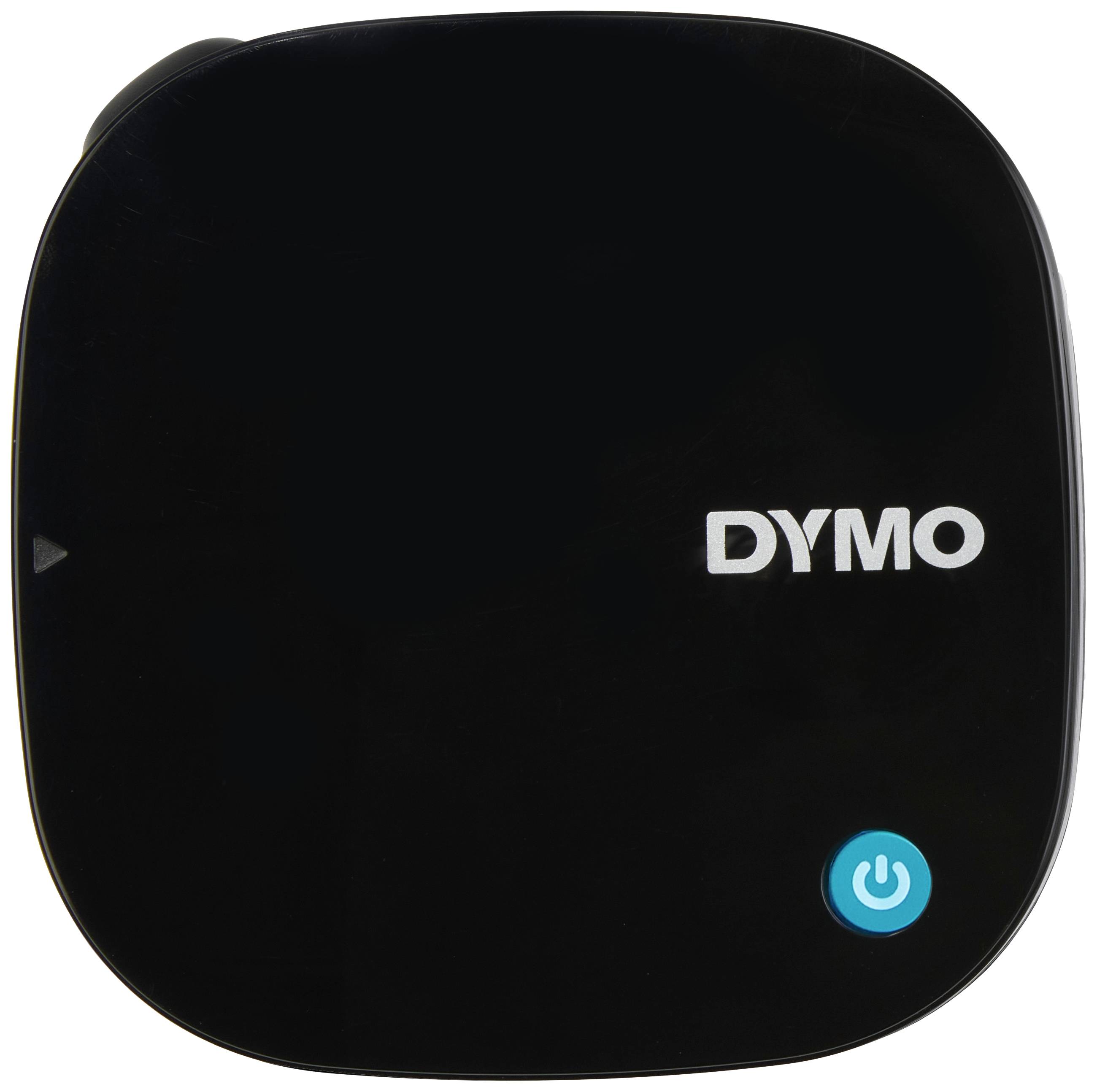 Appareil d'étiquetage DYMO noir avec un bouton marche/arrêt bleu situé en bas à droite de l'image.