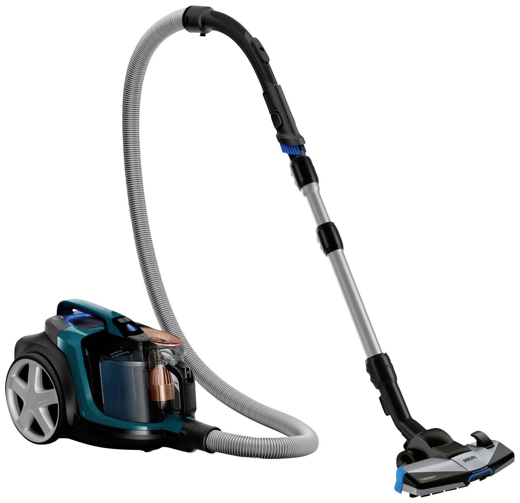Un aspirateur bleu, sans sac, avec double filtre et tube réglable, en action sur un tapis.