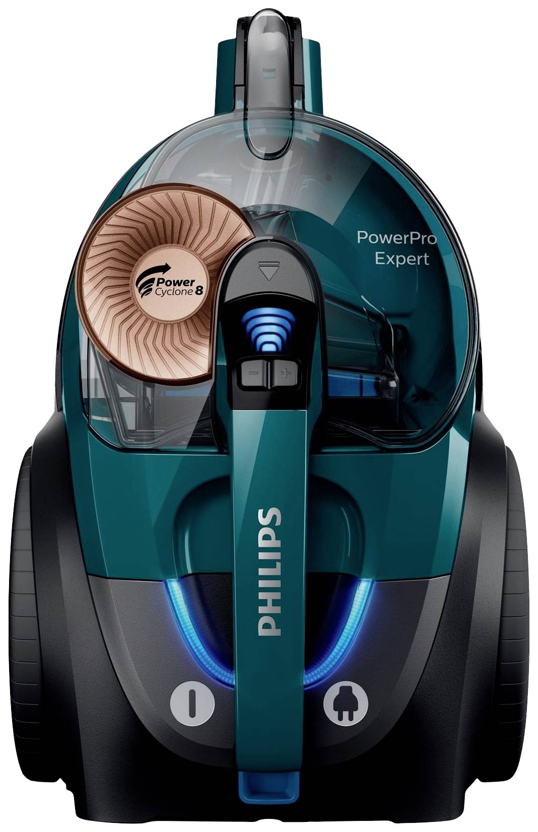 Aspirateur 'Philips PowerPro Expert' en bleu sarcelle avec technologie PowerCyclone 8. Vue de face présentant le design et les éléments de commande.