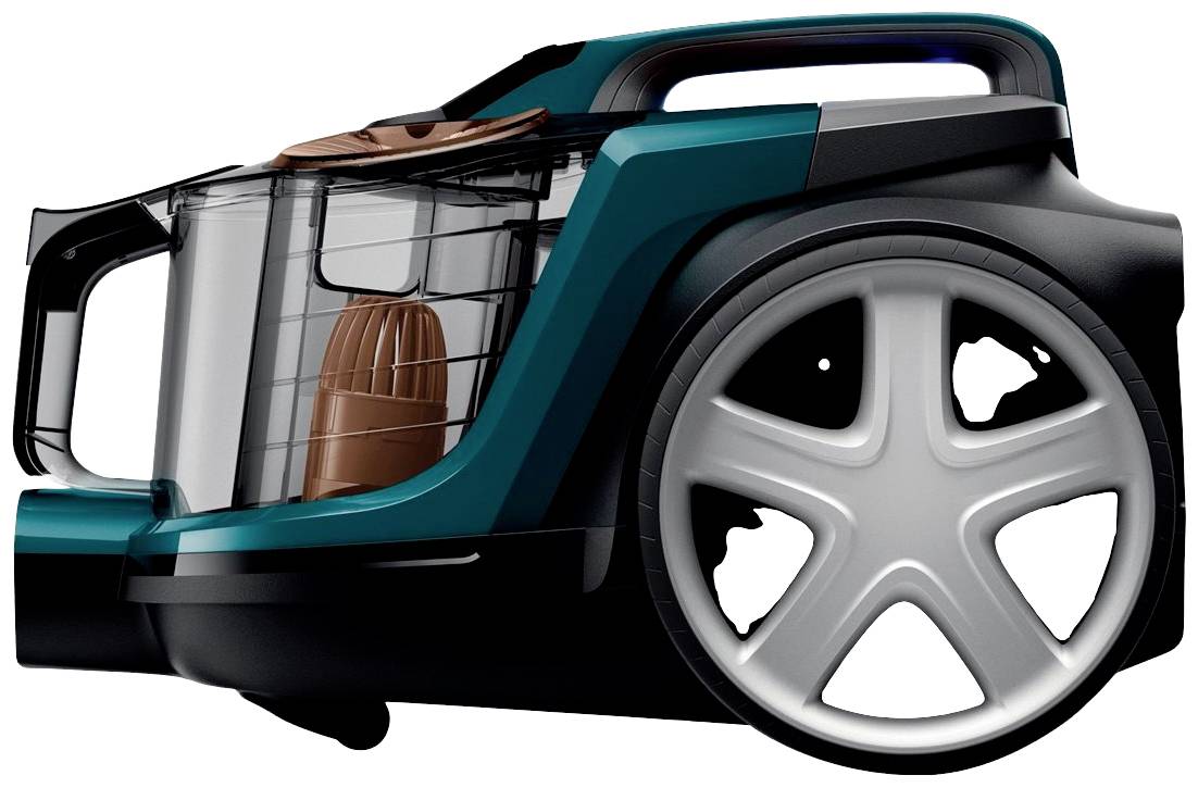 Un aspirateur moderne, noir et vert, sans sac. Le réservoir transparent et la grande roue stable sont visibles.