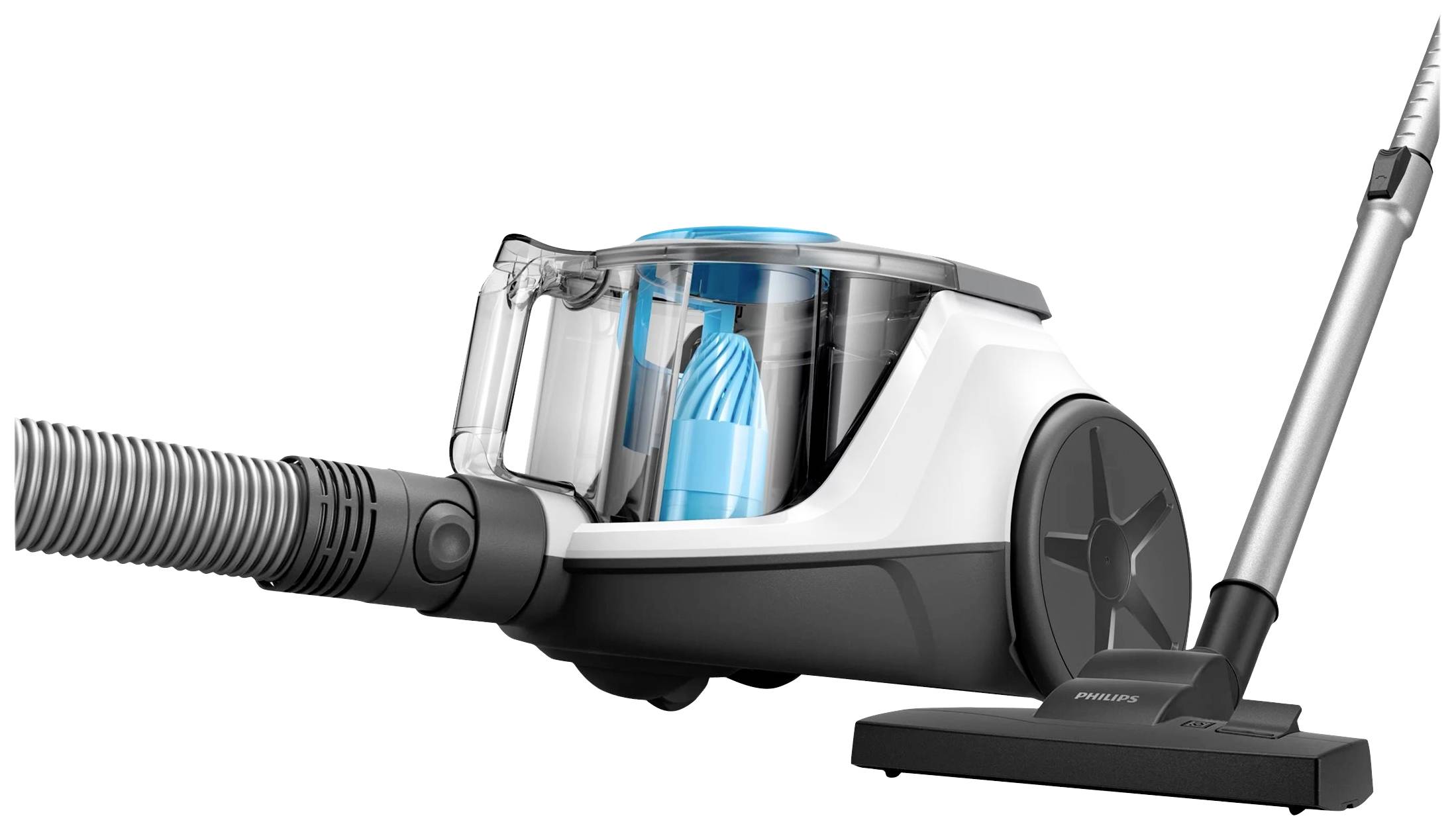 Aspirateur sans sac avec buse moderne et réservoir transparent, adapté pour un nettoyage efficace et hygiénique.