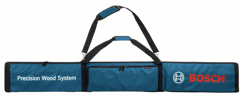 Grand sac de transport bleu avec poignée noire. Inscription 'Precision Wood System' sur la gauche et 'BOSCH' sur la droite, accompagnée du logo Bosch.