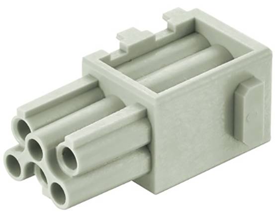 Un connecteur rectangulaire gris en plastique avec plusieurs connexions rondes et un mécanisme de verrouillage sur le côté.