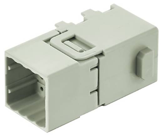 Un connecteur en plastique gris avec une ouverture rectangulaire et plusieurs mécanismes de verrouillage, adapté aux applications industrielles ou techniques.