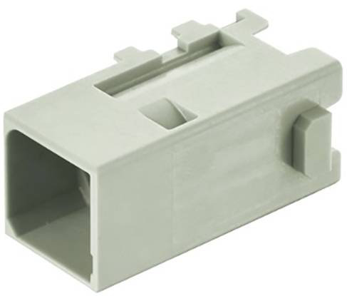 Boîtier de connecteur en plastique gris de forme rectangulaire, équipé de clips de verrouillage sur les côtés pour la fixation.