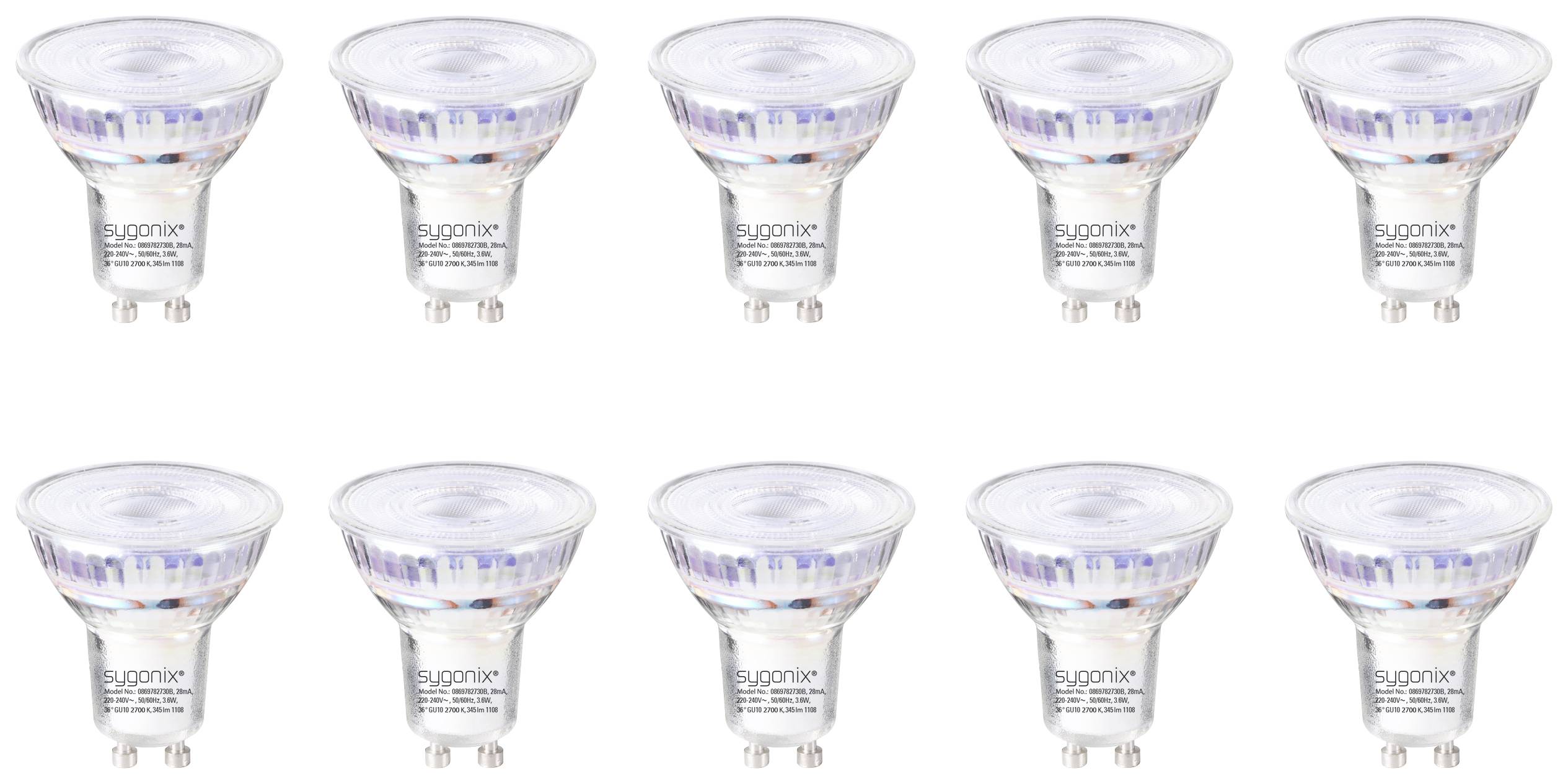 Dix ampoules LED à culot GU10, disposées en deux rangées. Chaque ampoule est transparente et révèle ses composants internes visibles.