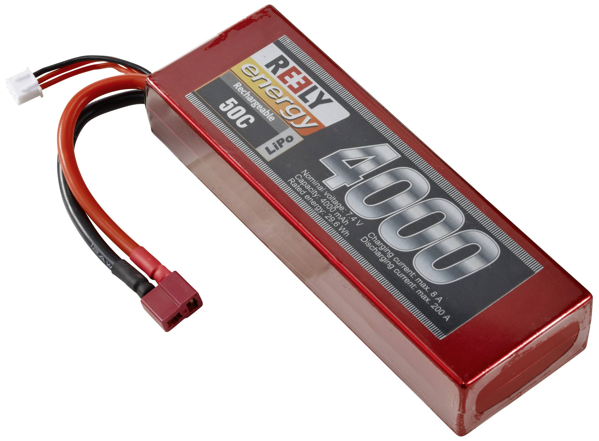 Un accumulateur LiPo rouge de Reedy Energy avec 4000 mAh et un courant de décharge de 50C. Court câble électrique avec connecteurs rouge et noir.