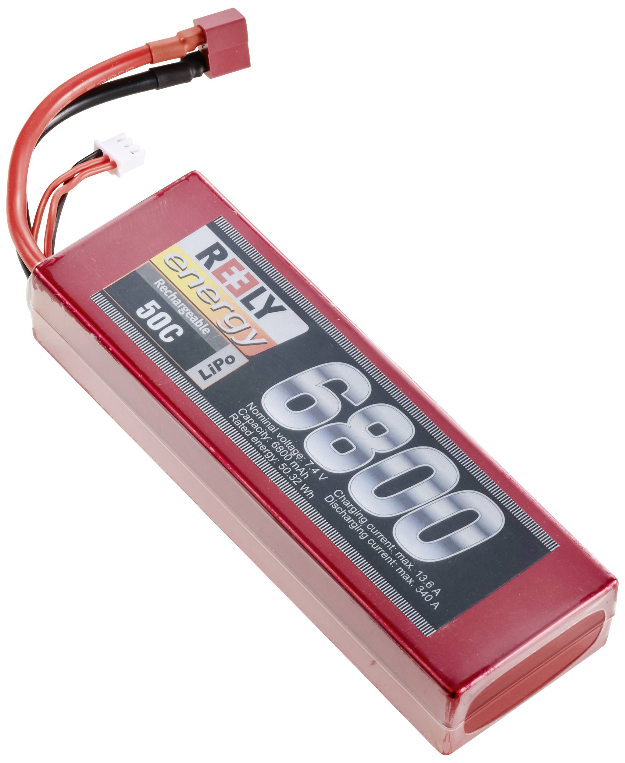 Un accumulateur lithium-polymère rouge de la marque Reely, d'une capacité de 6800 mAh et avec un taux de décharge de 50C, est adapté pour la modélisation.