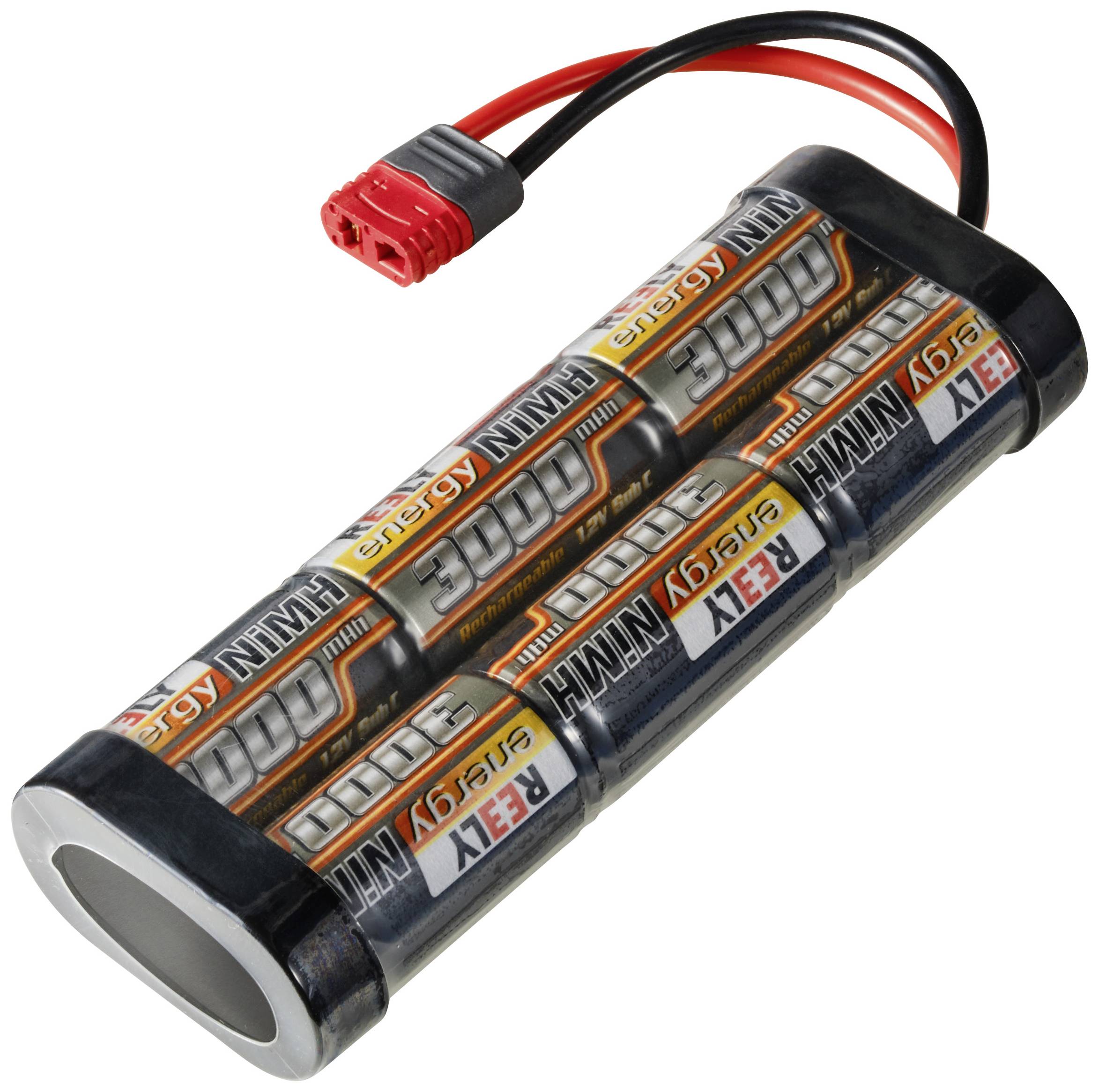 Pack de batteries de six piles cylindriques AA, connectées en deux rangées de trois. Un connecteur rouge avec un câble est fixé sur le dessus.