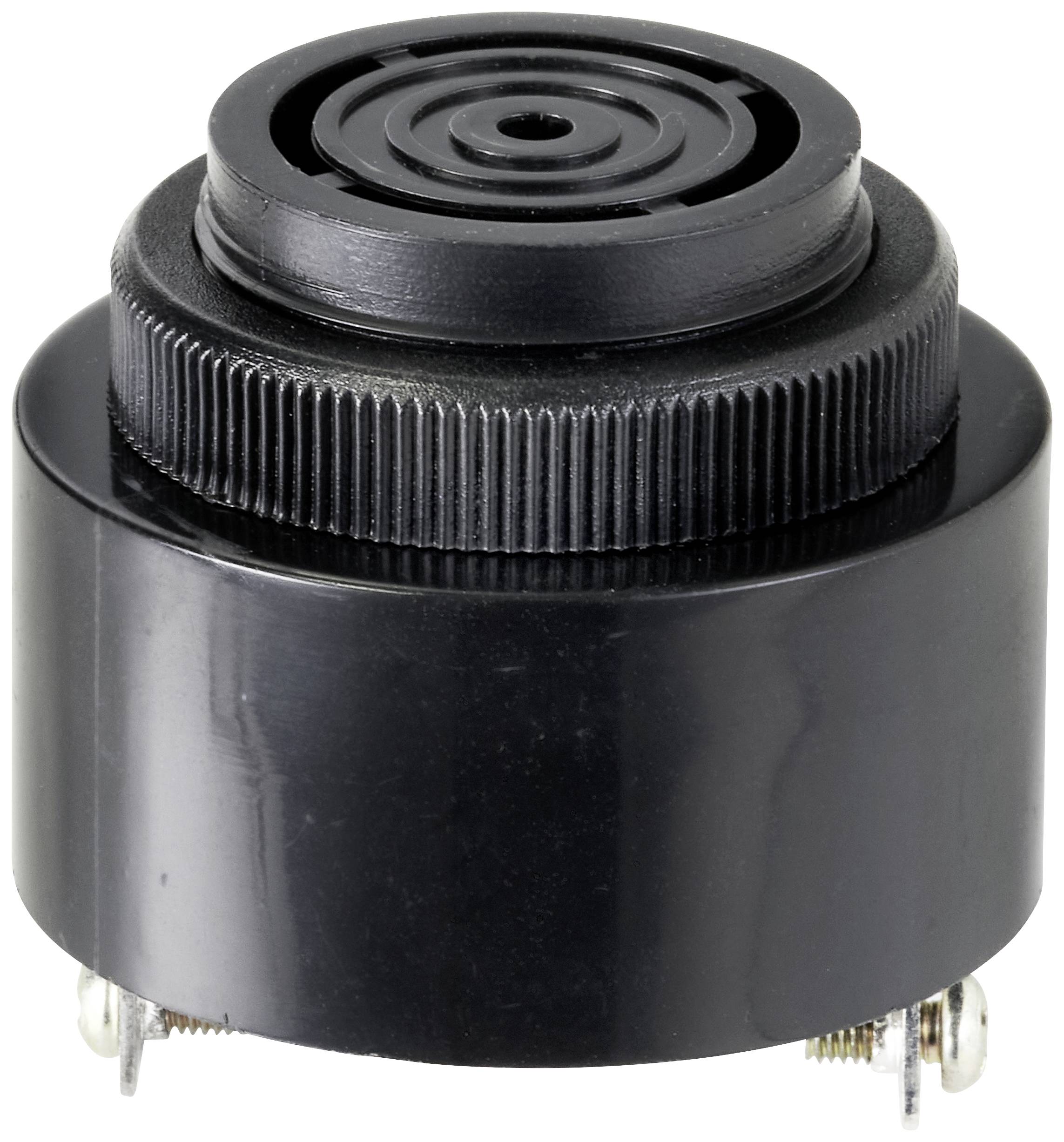 Un buzzer piézoélectrique rond noir avec deux connexions métalliques à sa base. Adapté pour les sorties de signaux acoustiques.