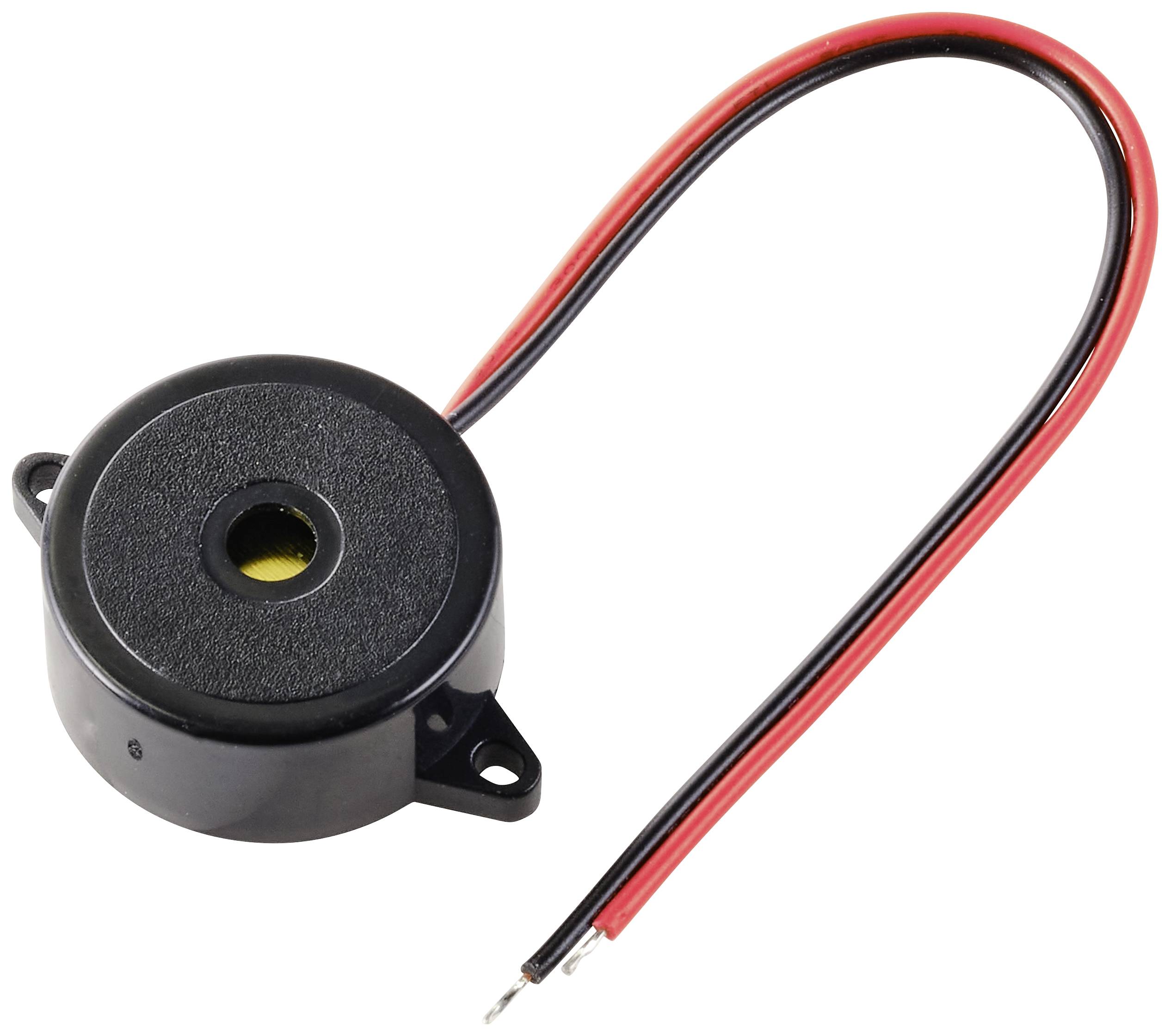 Un petit buzzer piézoélectrique rond et noir avec deux câbles connectés, un rouge et un noir, pour la signalisation électronique.
