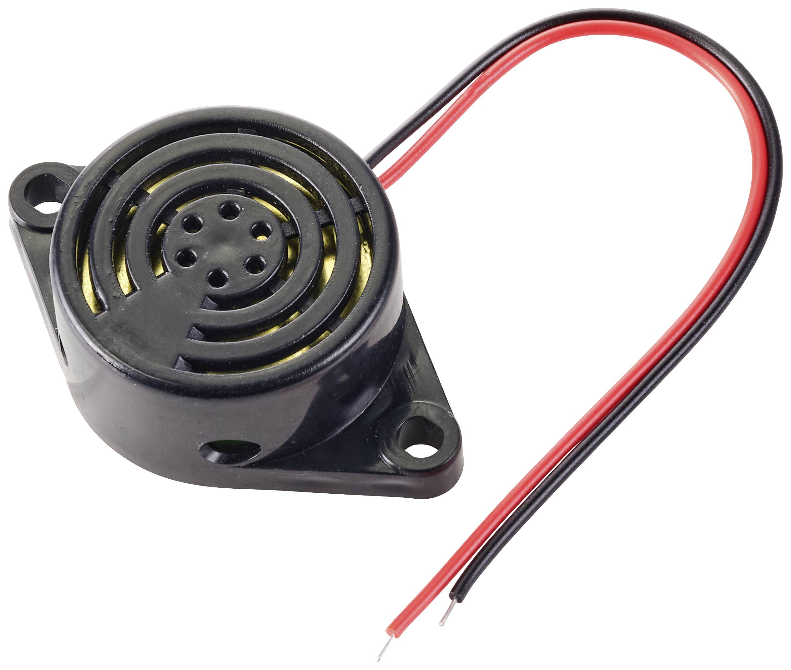 Un petit haut-parleur rond avec deux câbles saillants, l'un rouge et l'autre noir, destinés à l'alimentation électrique ou à la connexion à un appareil.
