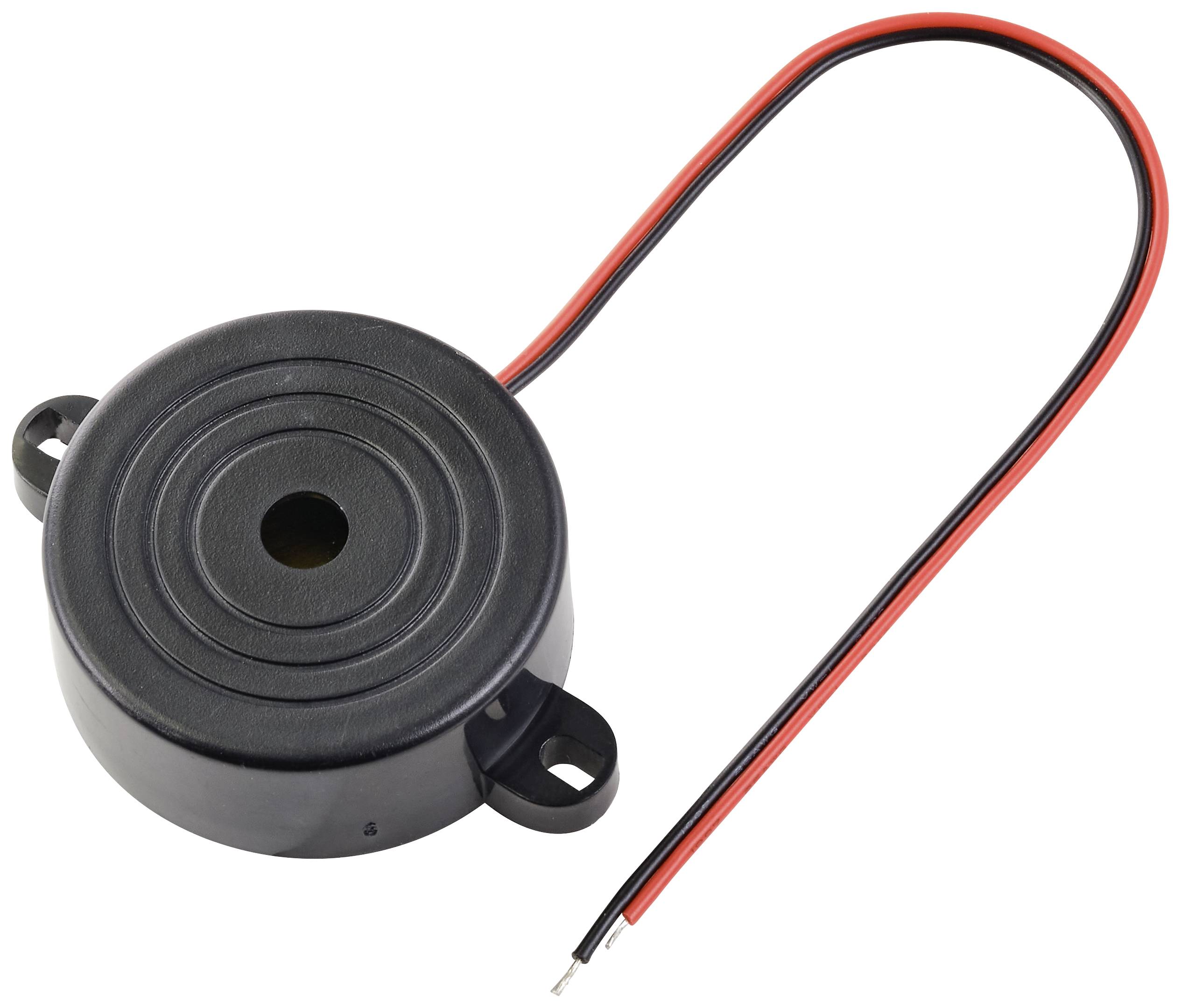 Piézoété noir avec câble rouge et noir, pour la génération de signaux acoustiques dans des appareils électroniques.