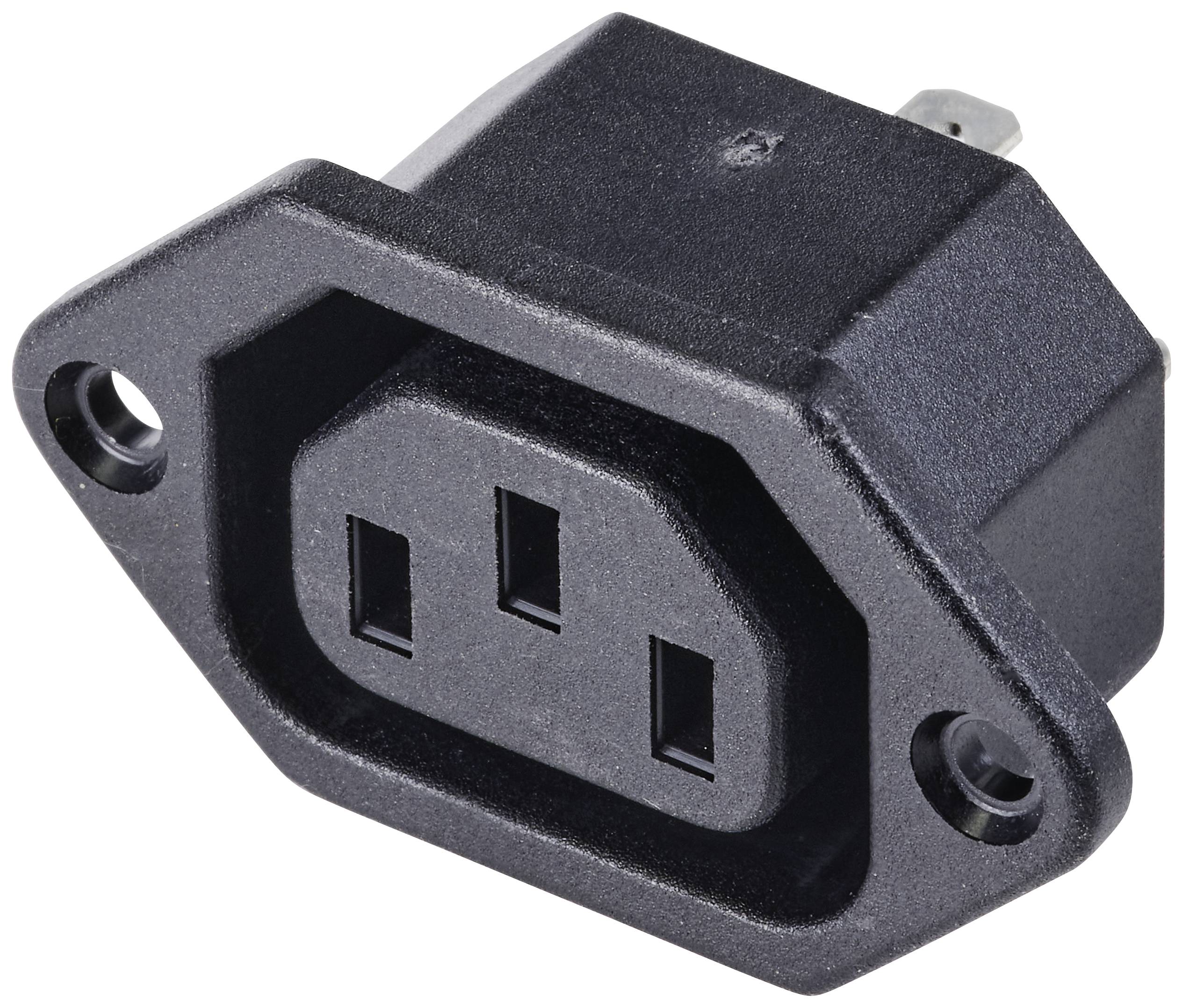 Prise de connexion réseau, IEC 320 C13, forme rectangulaire, montable avec deux trous de vis. Boîtier en plastique noir avec trois contacts.