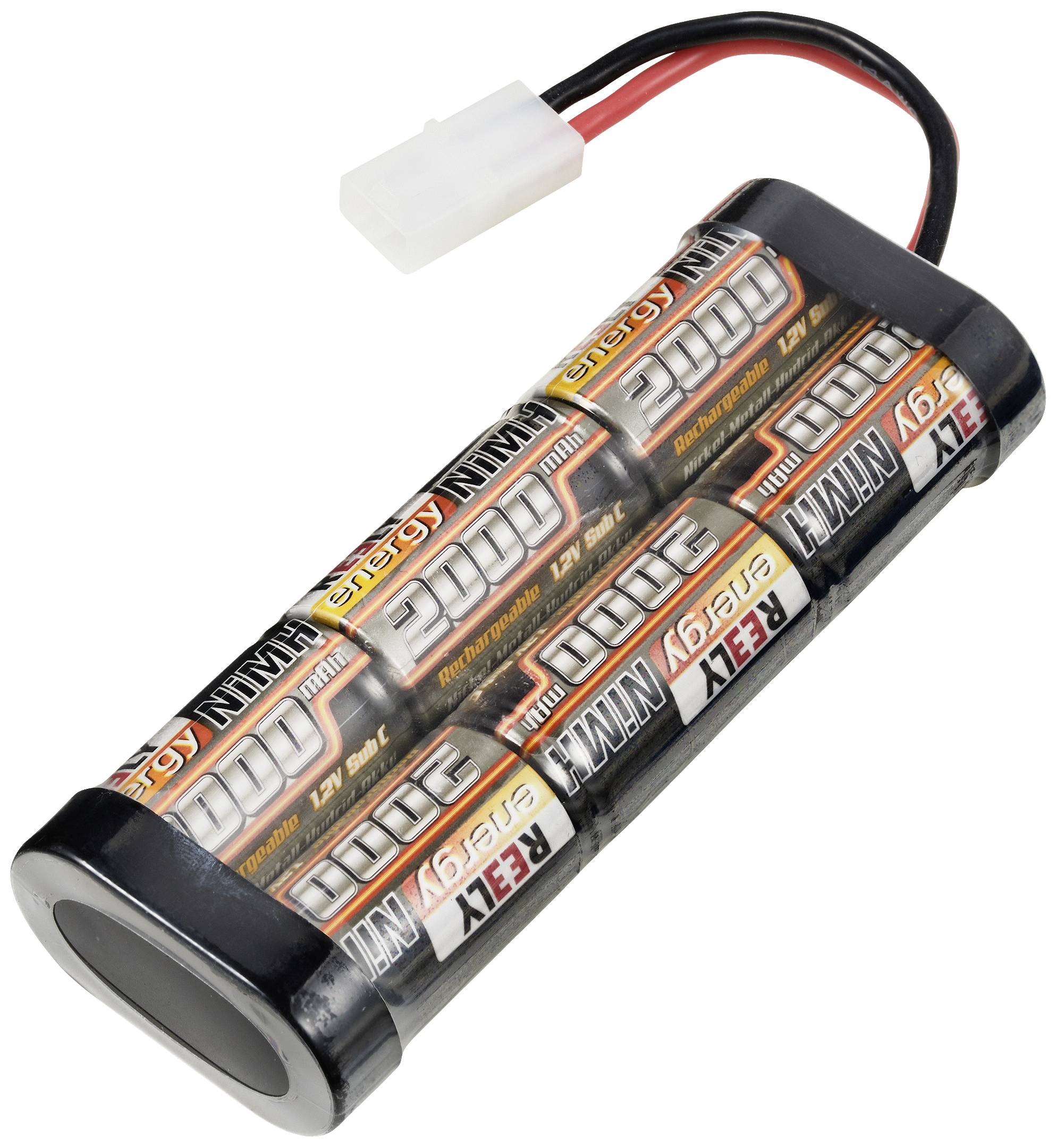 Un pack de batterie cylindrique avec six piles AA, connecté à une prise blanche. L'étiquette indique '2000 mAh' et '1,2V NiMH'.