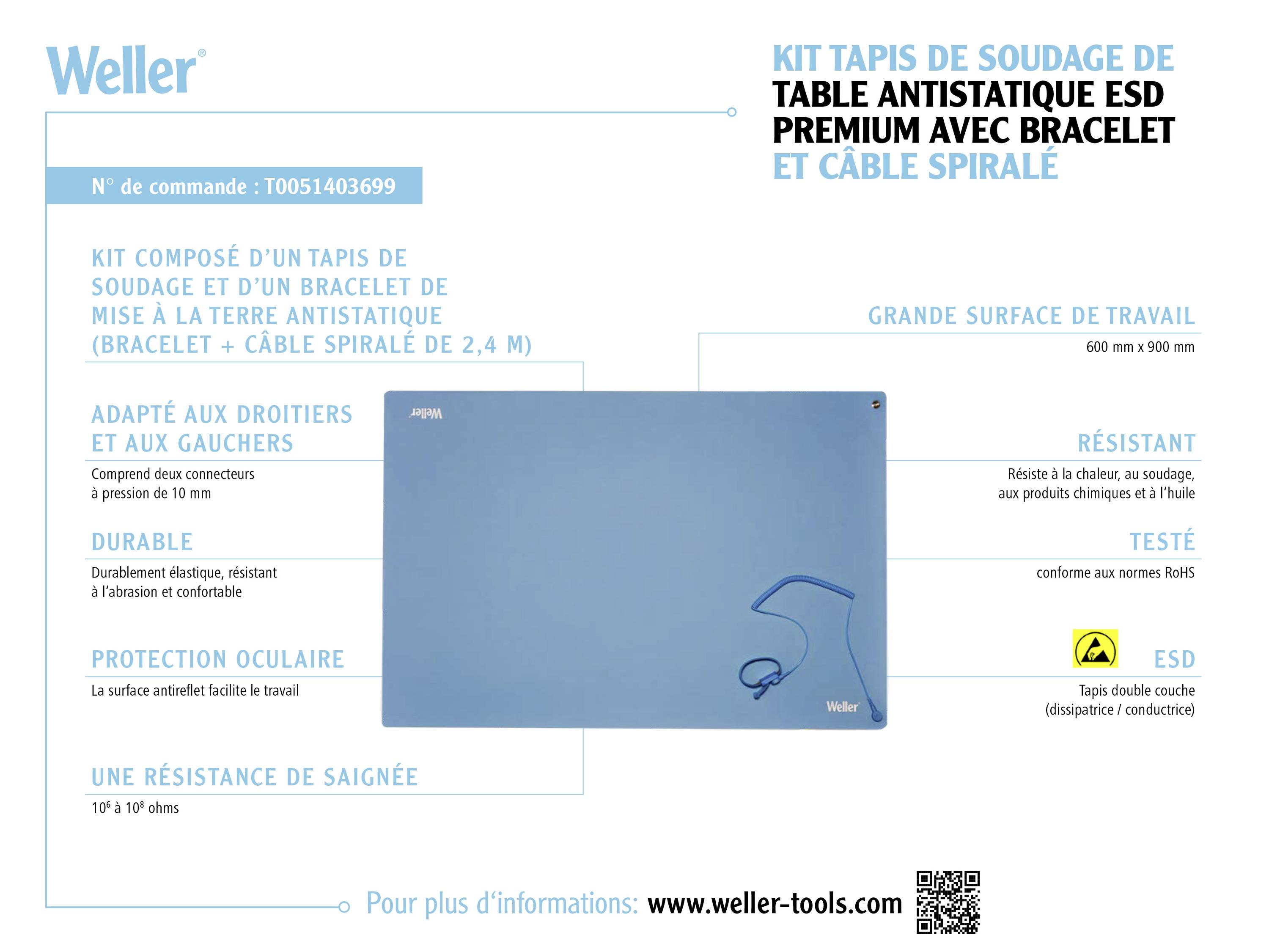 Tapis de soudage antistatique de Weller avec bracelet et câble spiralé. Grande surface de travail, adapté aux droitiers et aux gauchers.