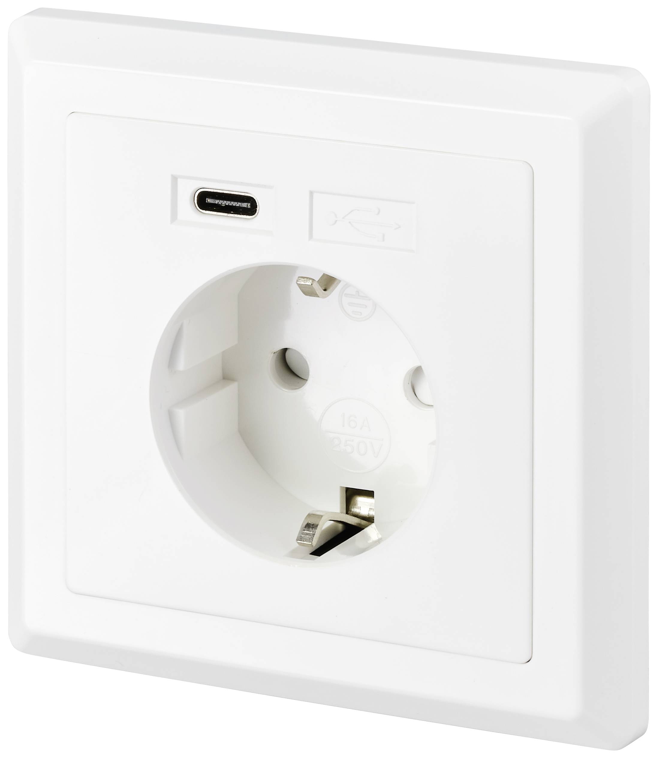 Prise murale blanche avec port USB-C intégré.