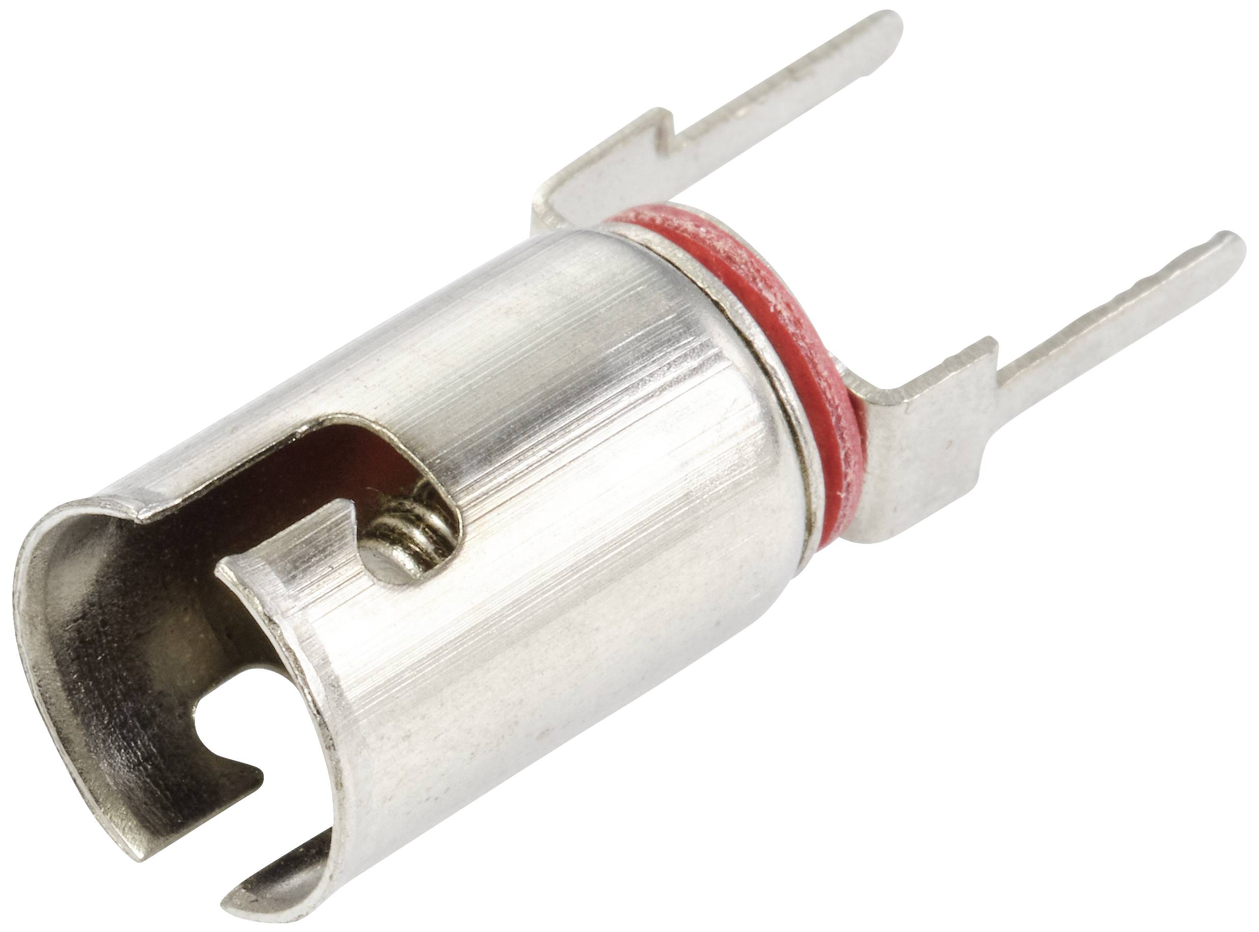 Un composant métallique avec deux connexions planes, probablement un connecteur électrique, sur un fond blanc.