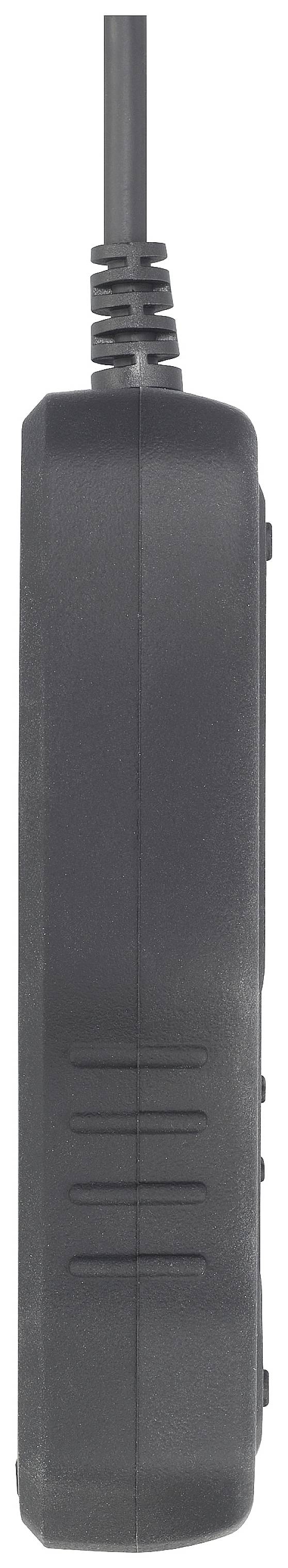 Chargeur noir rectangulaire en vue latérale avec le câble en haut.