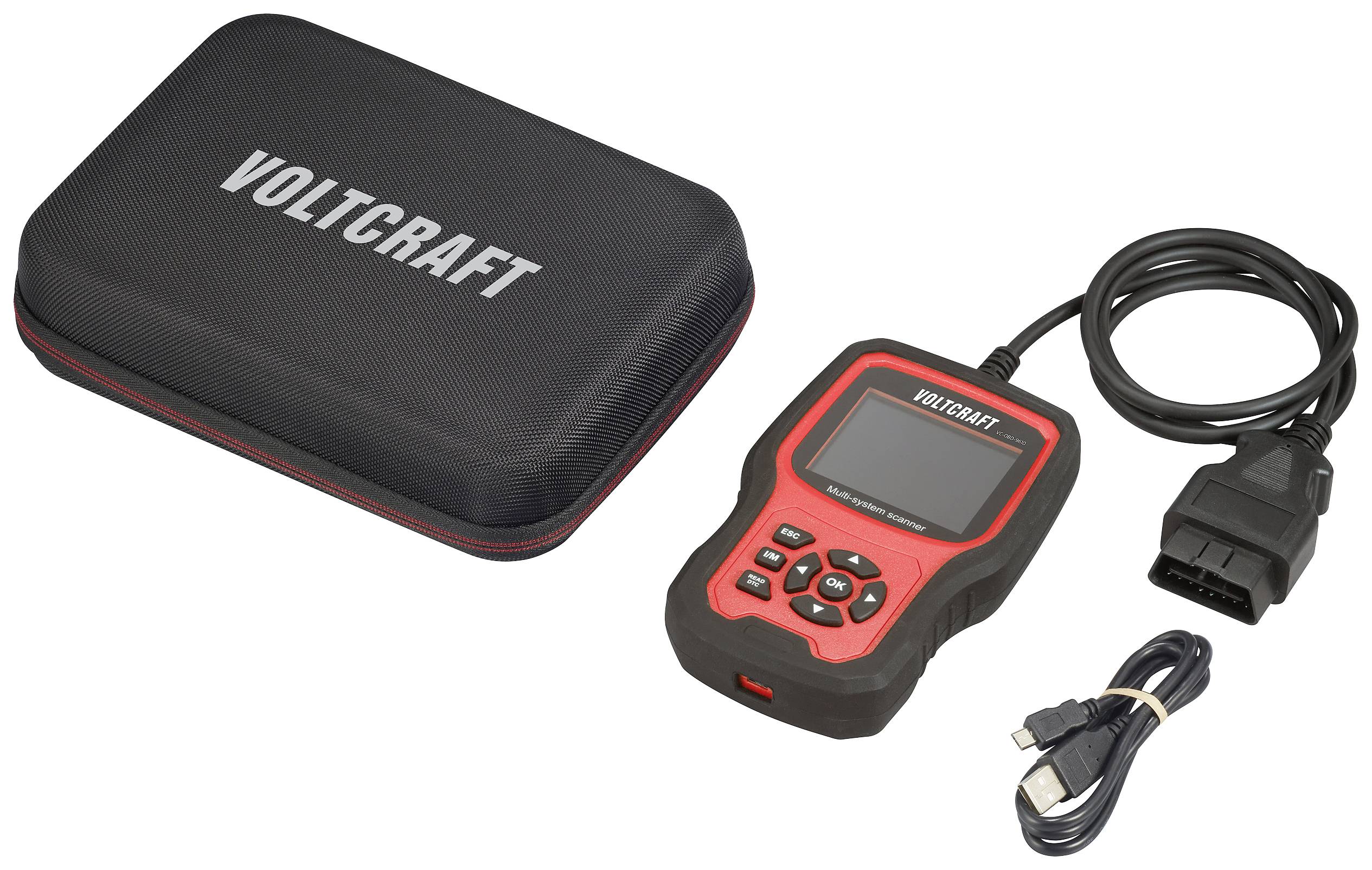 Un appareil de diagnostic OBD-II de VOLTCRAFT avec câbles et une sacoche de rangement. Utilisé pour les diagnostics automobiles.