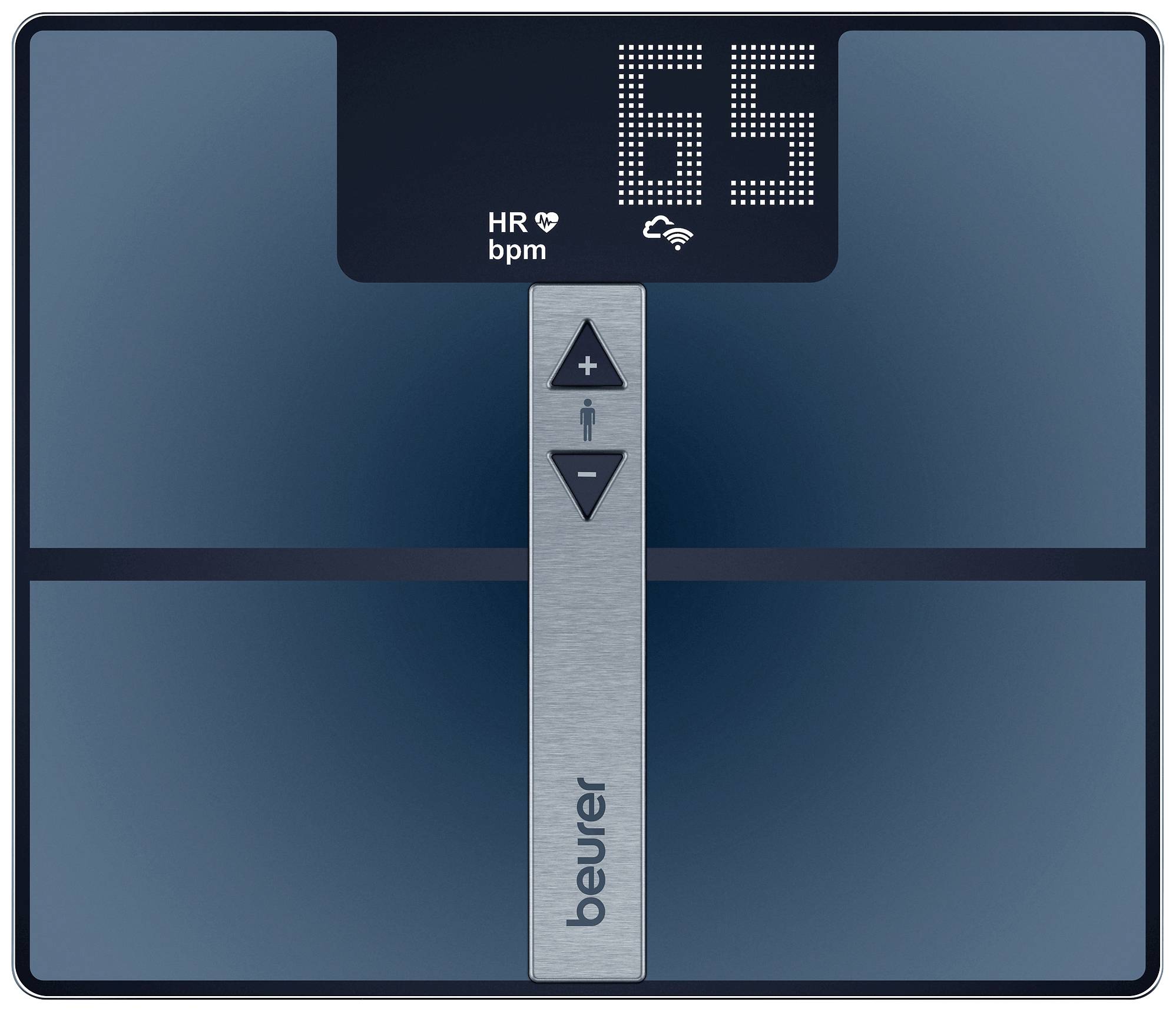Balance numérique avec affichage de la fréquence cardiaque '65 bpm', symbole Bluetooth, touches de réglage, marque Beurer.