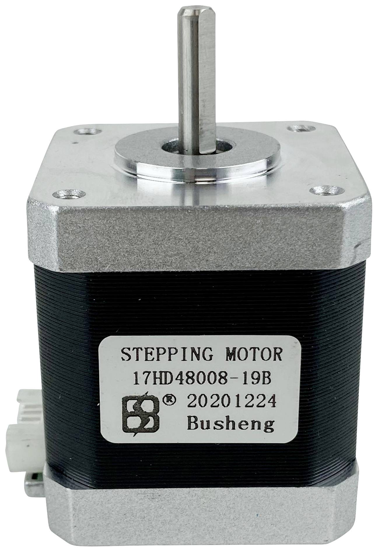 Moteur pas à pas de marque 'Busheng', modèle '17HD48008-19B', numéro de série '20201224', de forme cylindrique, avec surface métallique.