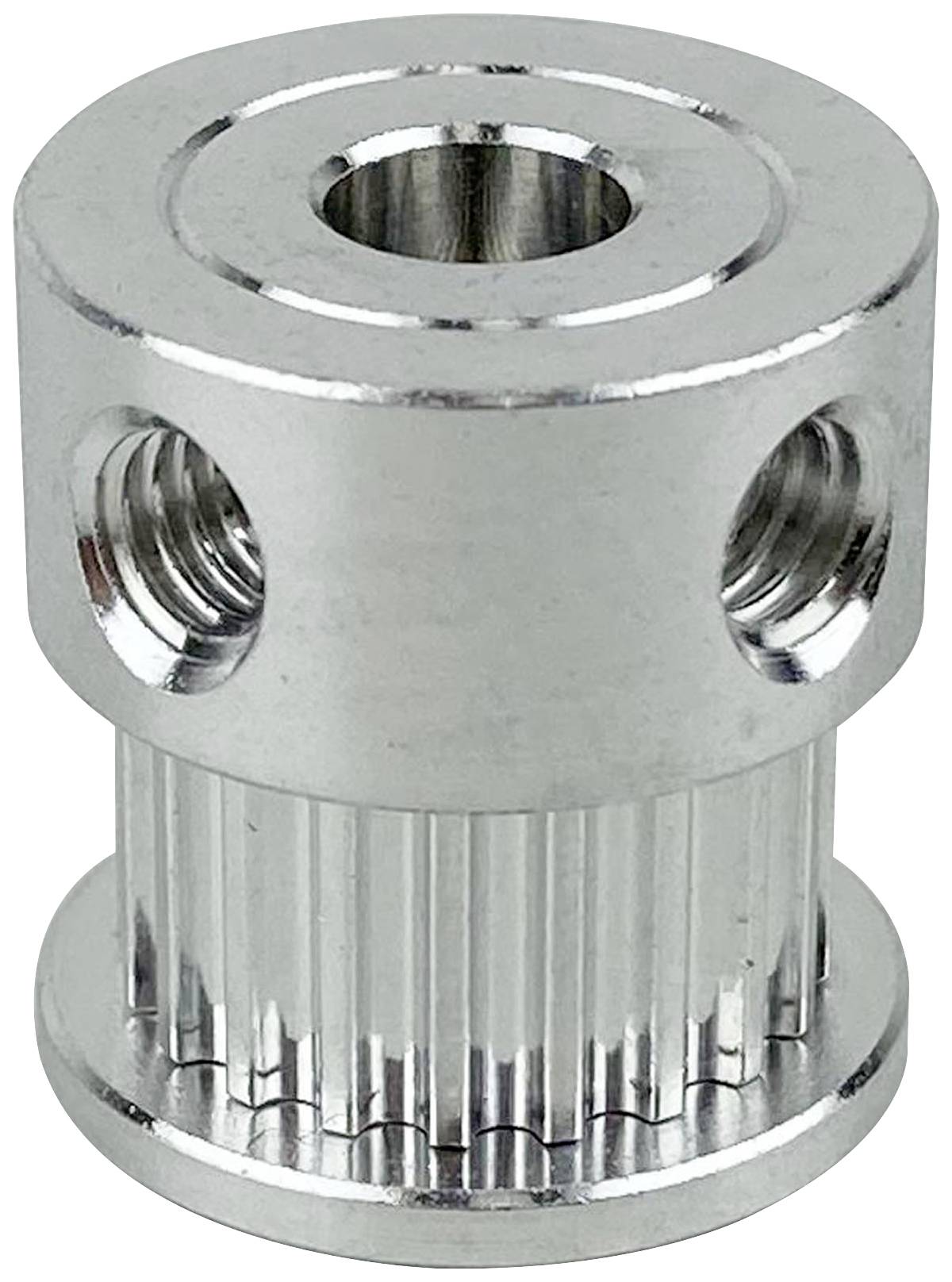 Cylindre métallique à roue dentée avec des trous de vis et une ouverture centrale, utilisé dans des ensembles mécaniques.