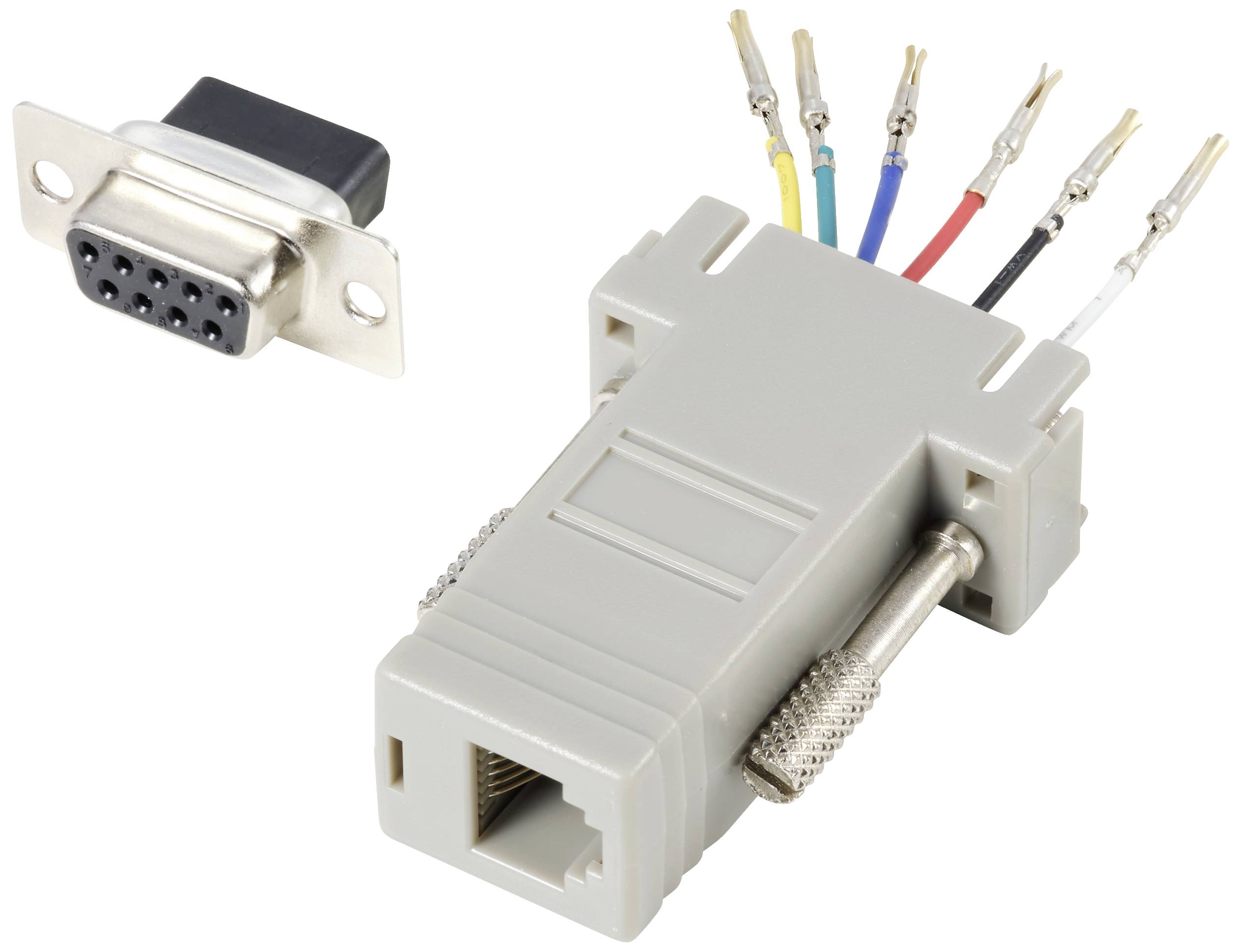 Adaptateur DB9 et prise RJ45 avec des câbles codés par couleur, utilisés pour connecter des interfaces série et réseau.