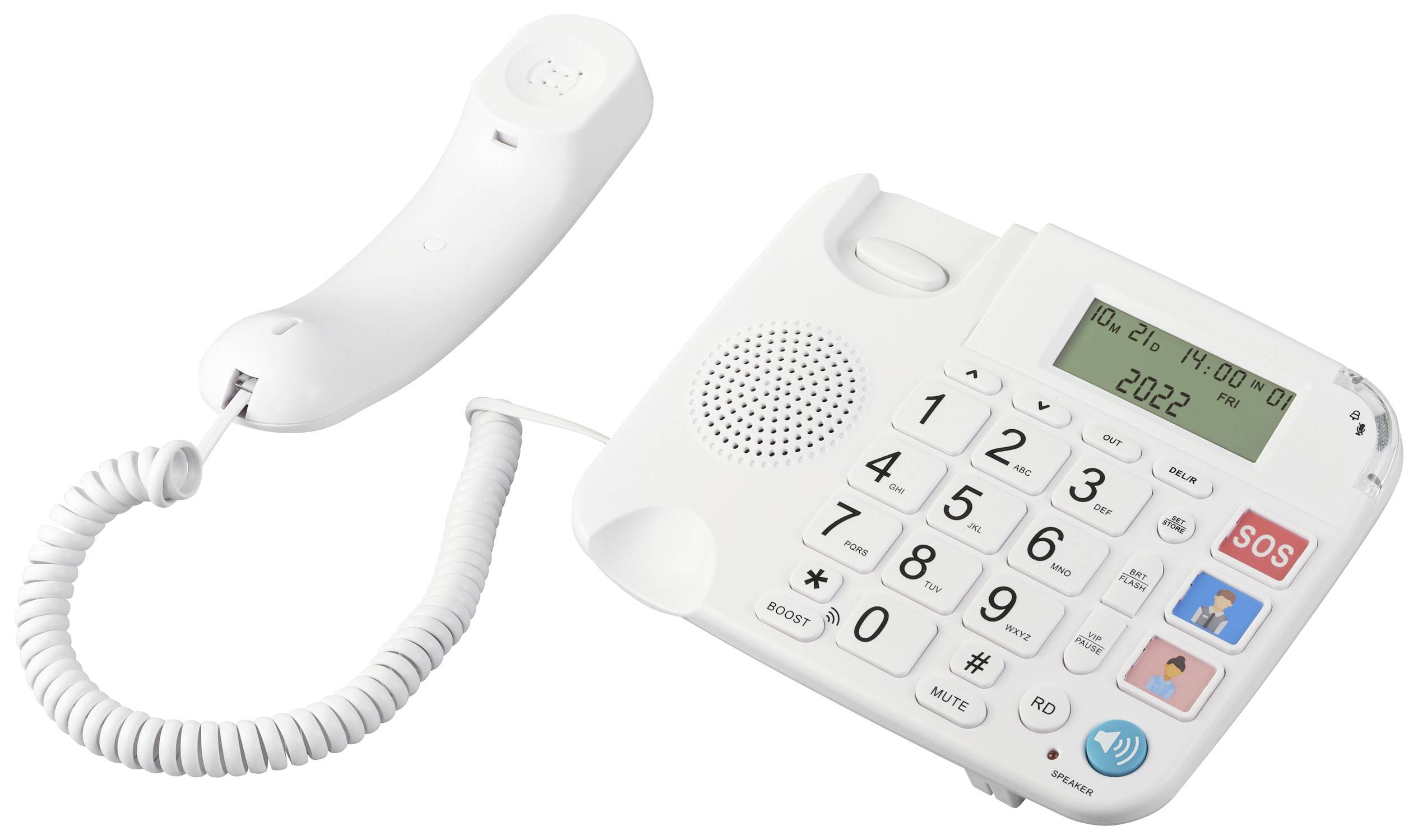 Un téléphone fixe blanc avec touches larges, écran et bouton SOS pour appels d'urgence, adapté aux seniors ou aux personnes malvoyantes.