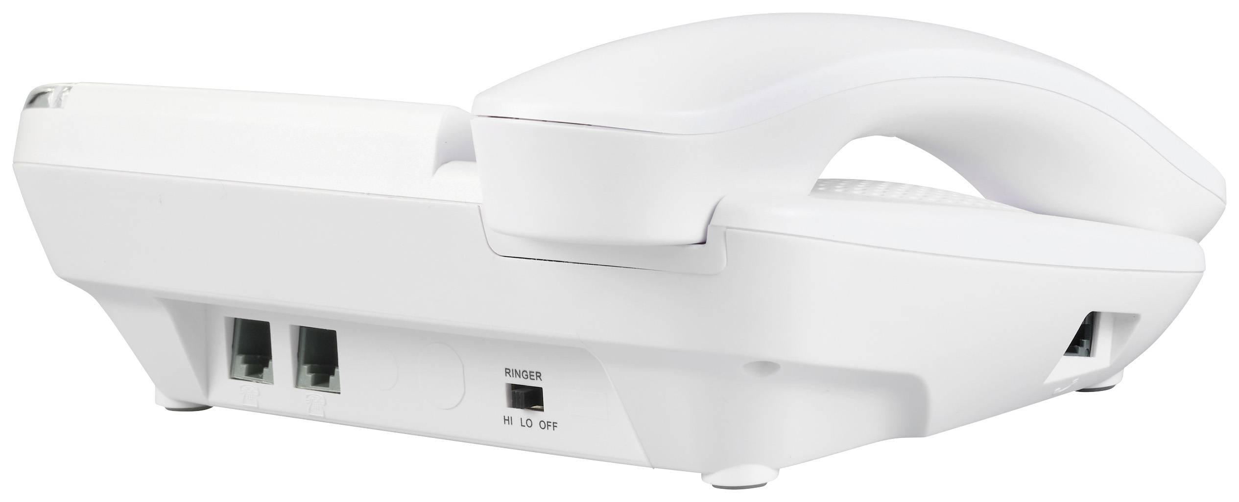 Un téléphone blanc avec combiné, posé horizontalement, montrant deux lignes téléphoniques et un interrupteur sur le côté. Adapté pour une installation sur table ou murale.