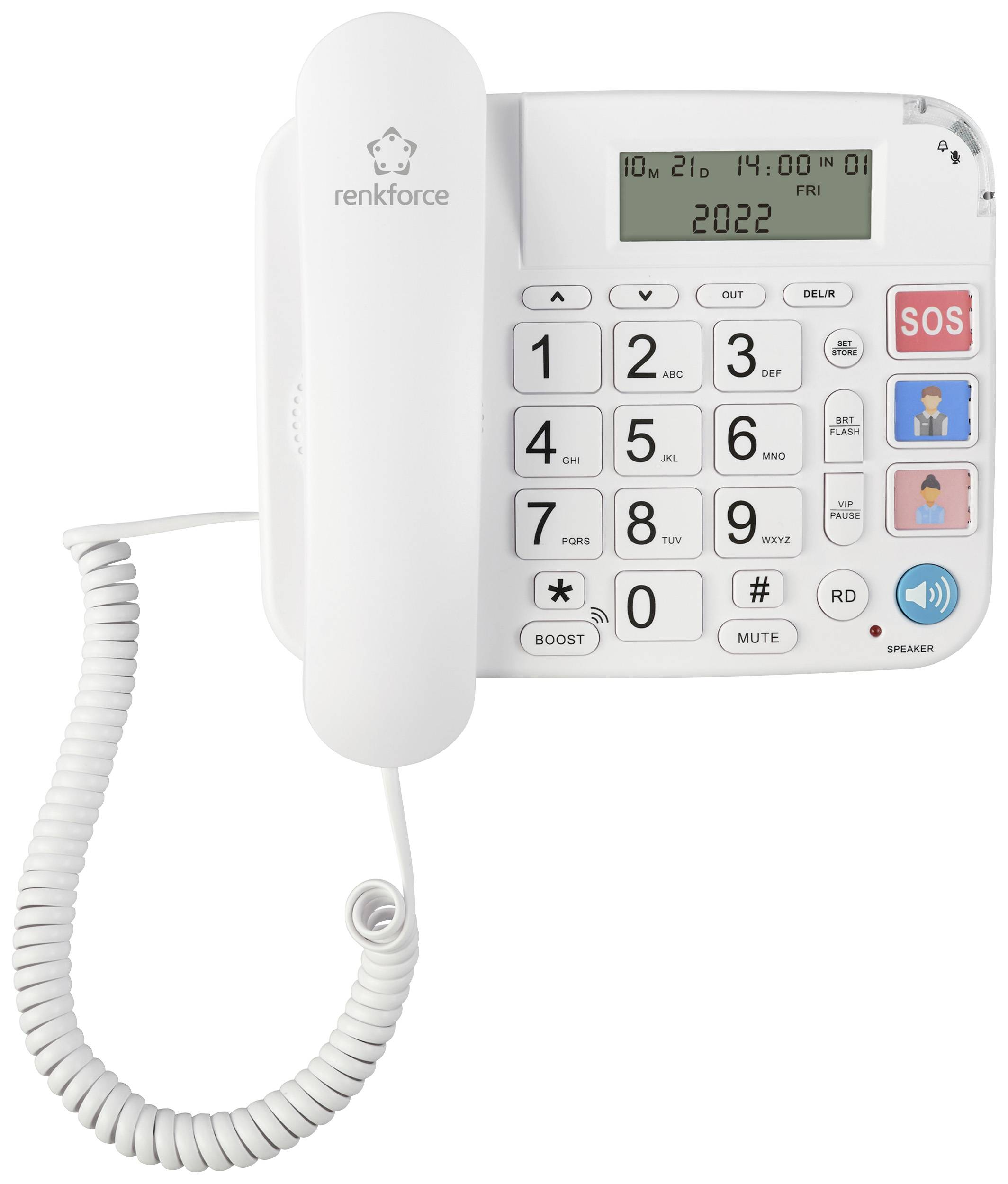 Téléphone avec touches et écran larges. Touches SOS, prise et fin d'appel, réglage du volume, notifications et écran numérique.