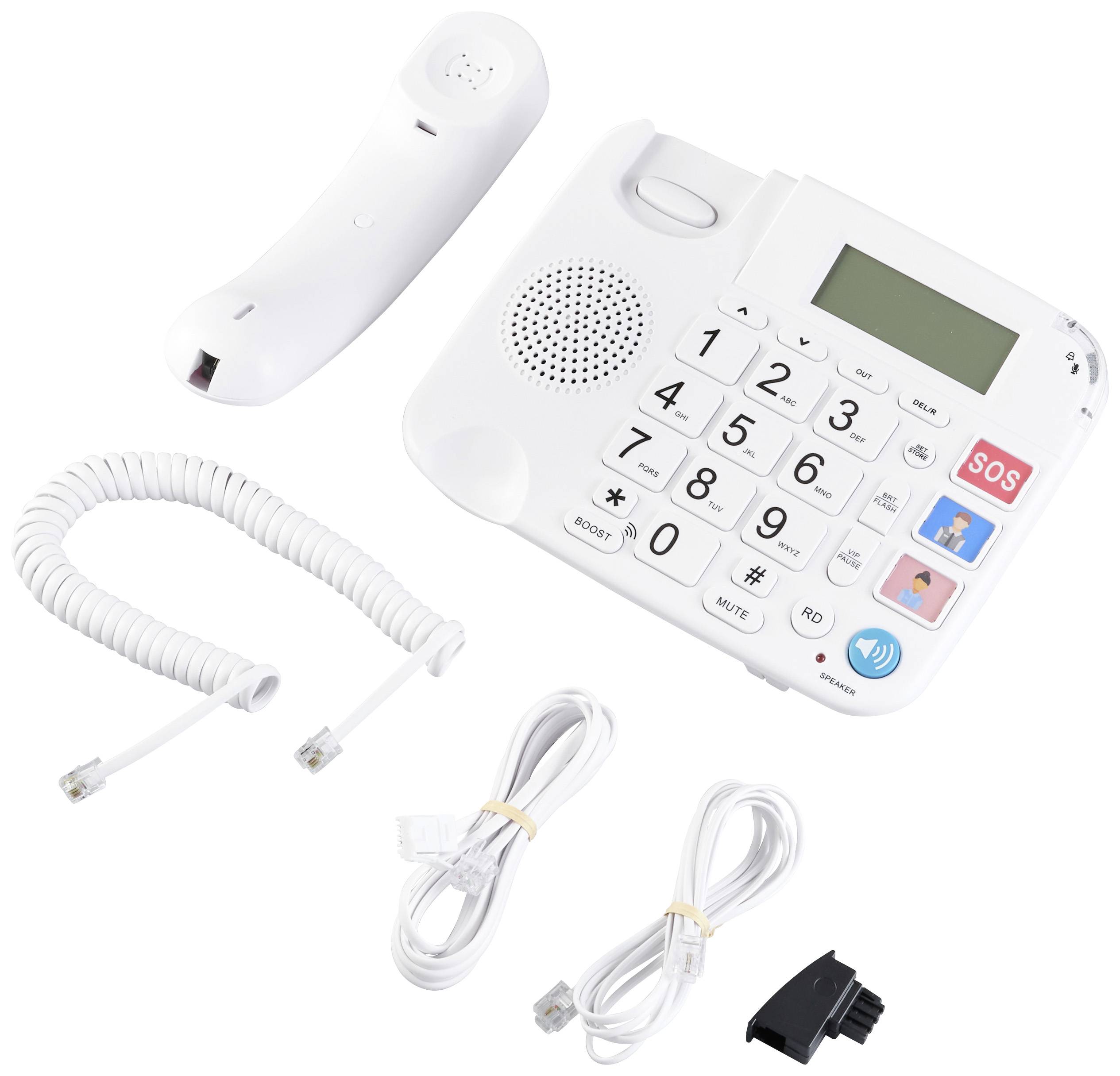 Téléphone fixe à grandes touches, bouton SOS et accessoires, comprenant combiné, câble et prise murale. Idéal pour les seniors.